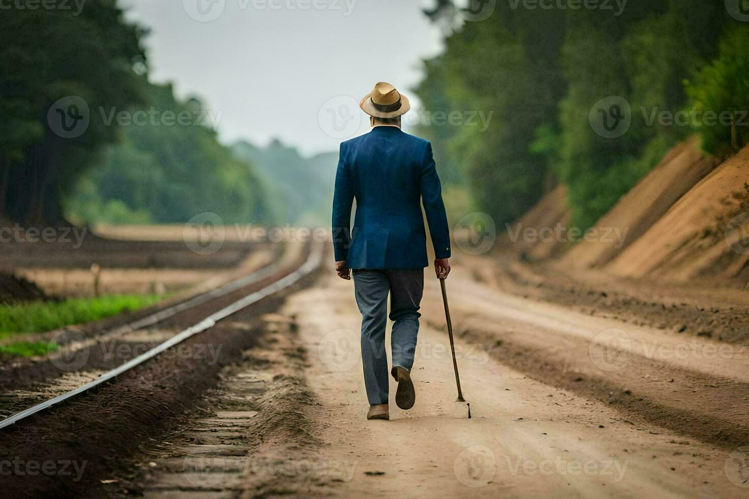 a man in a suit and hat walking down a railroad track. AI-Generated photo