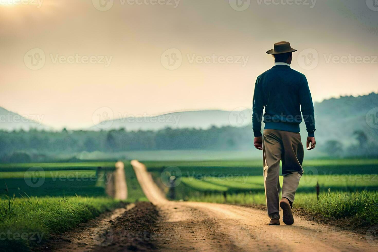 a man walking down a dirt road in the middle of a field. AI-Generated photo