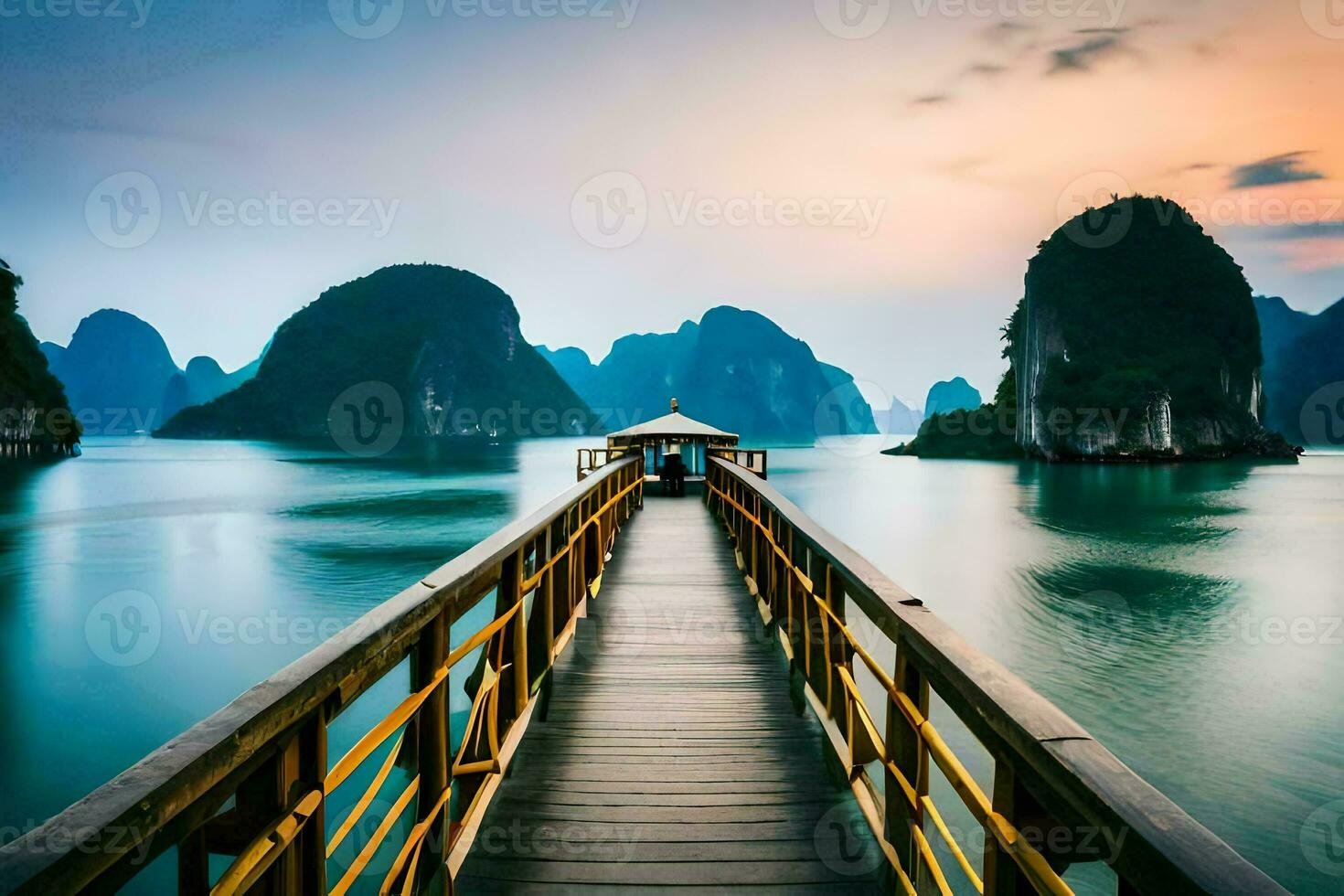 a wooden bridge leads to the ocean in vietnam. AI-Generated photo