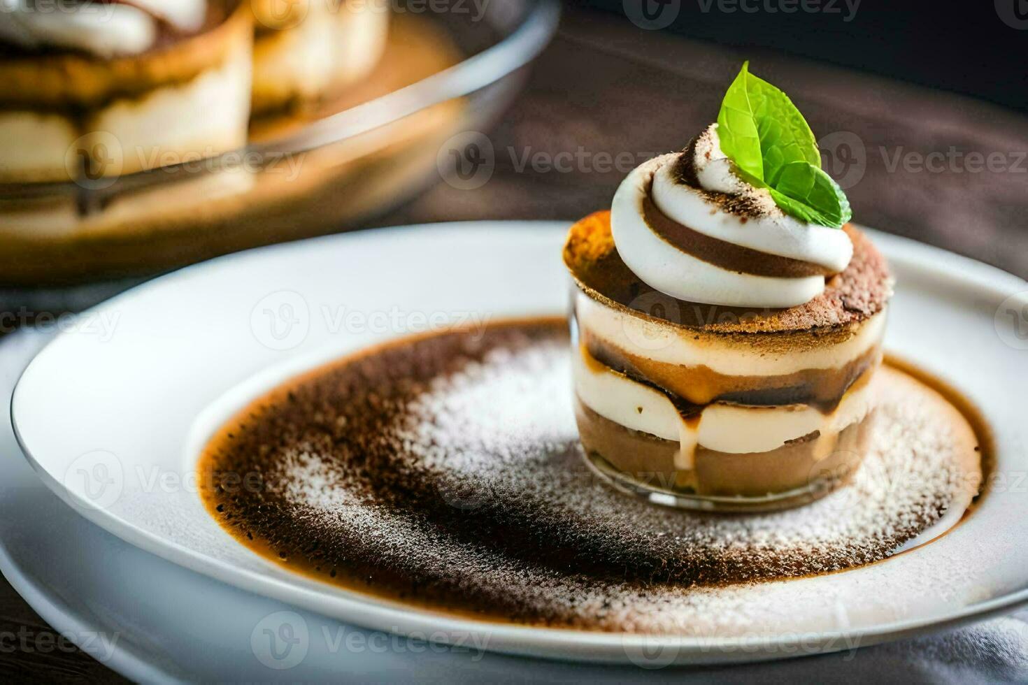 a dessert on a plate with whipped cream and chocolate. AI-Generated photo