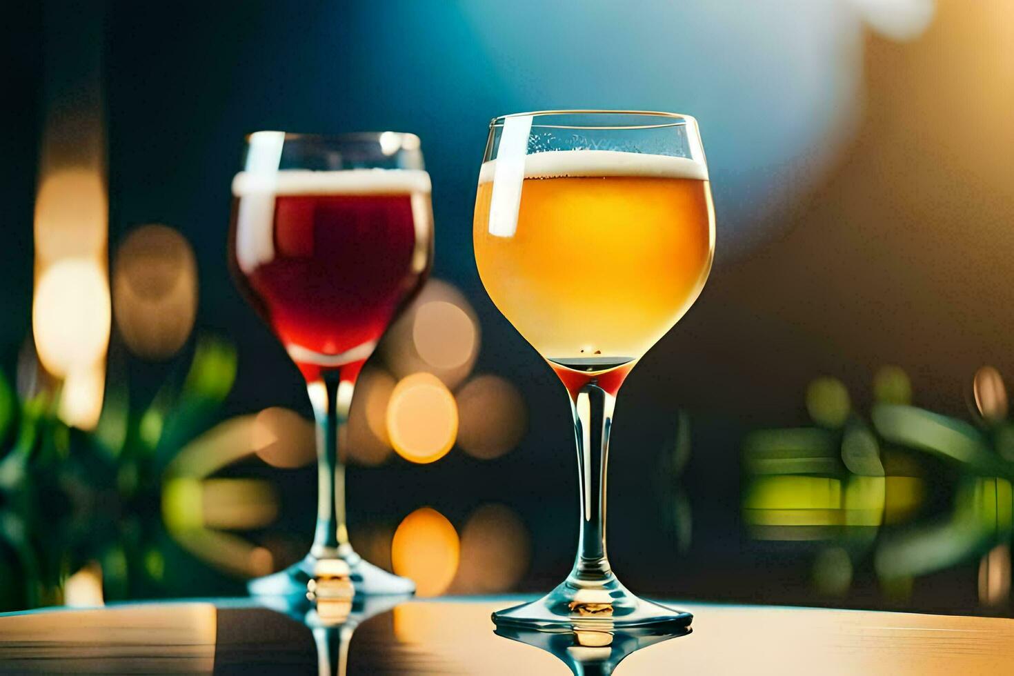 two glasses of beer on a table. AI-Generated photo