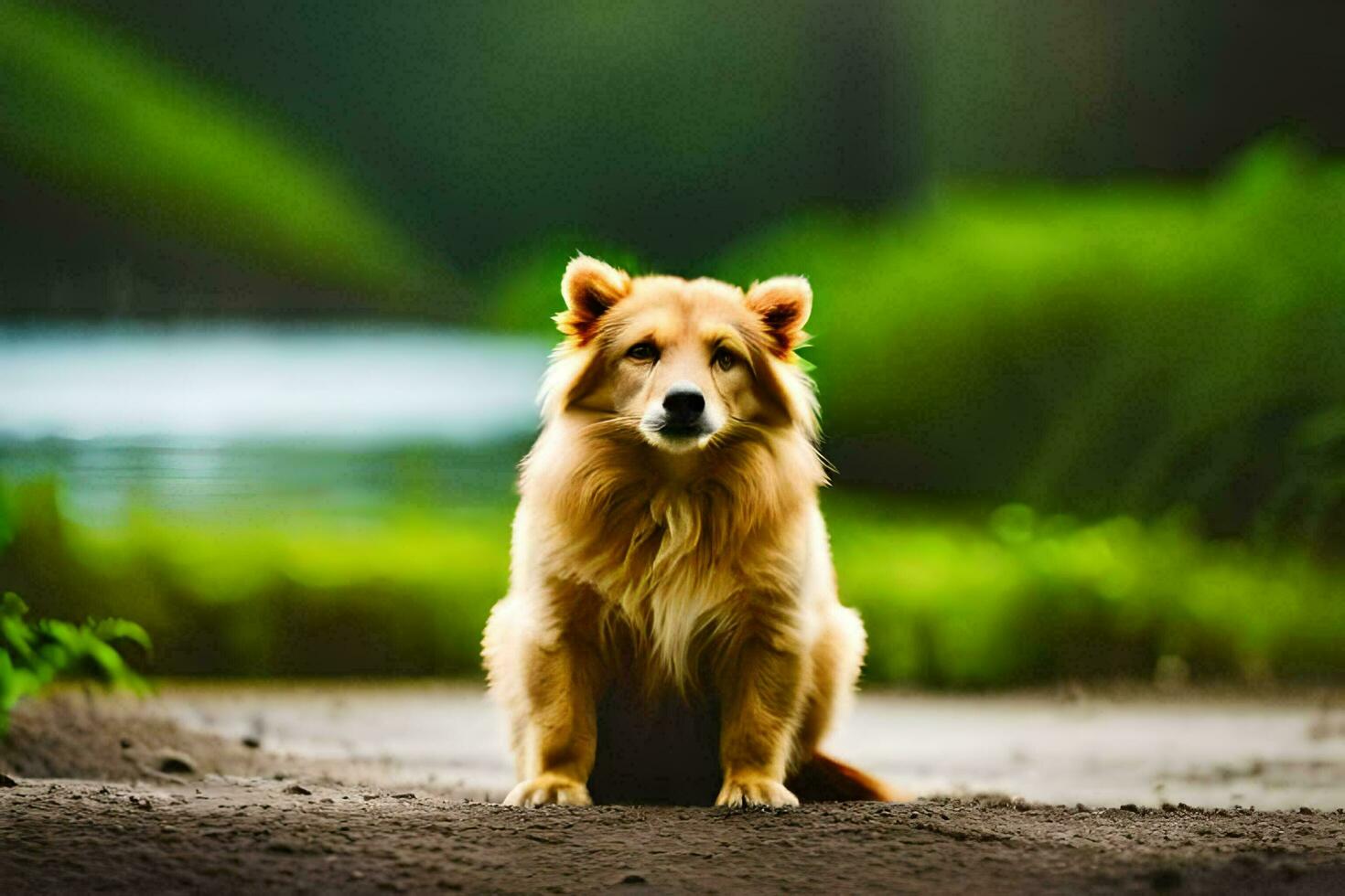 a dog sitting on the ground near a river. AI-Generated photo