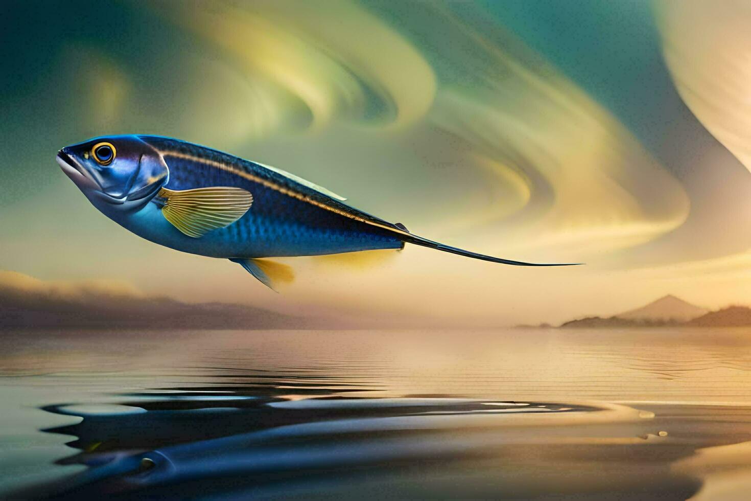 a fish flying over the water with a bright aurora. AI-Generated photo