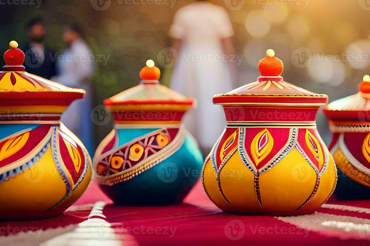 colorful pots with designs on them sit on a table. AI-Generated photo