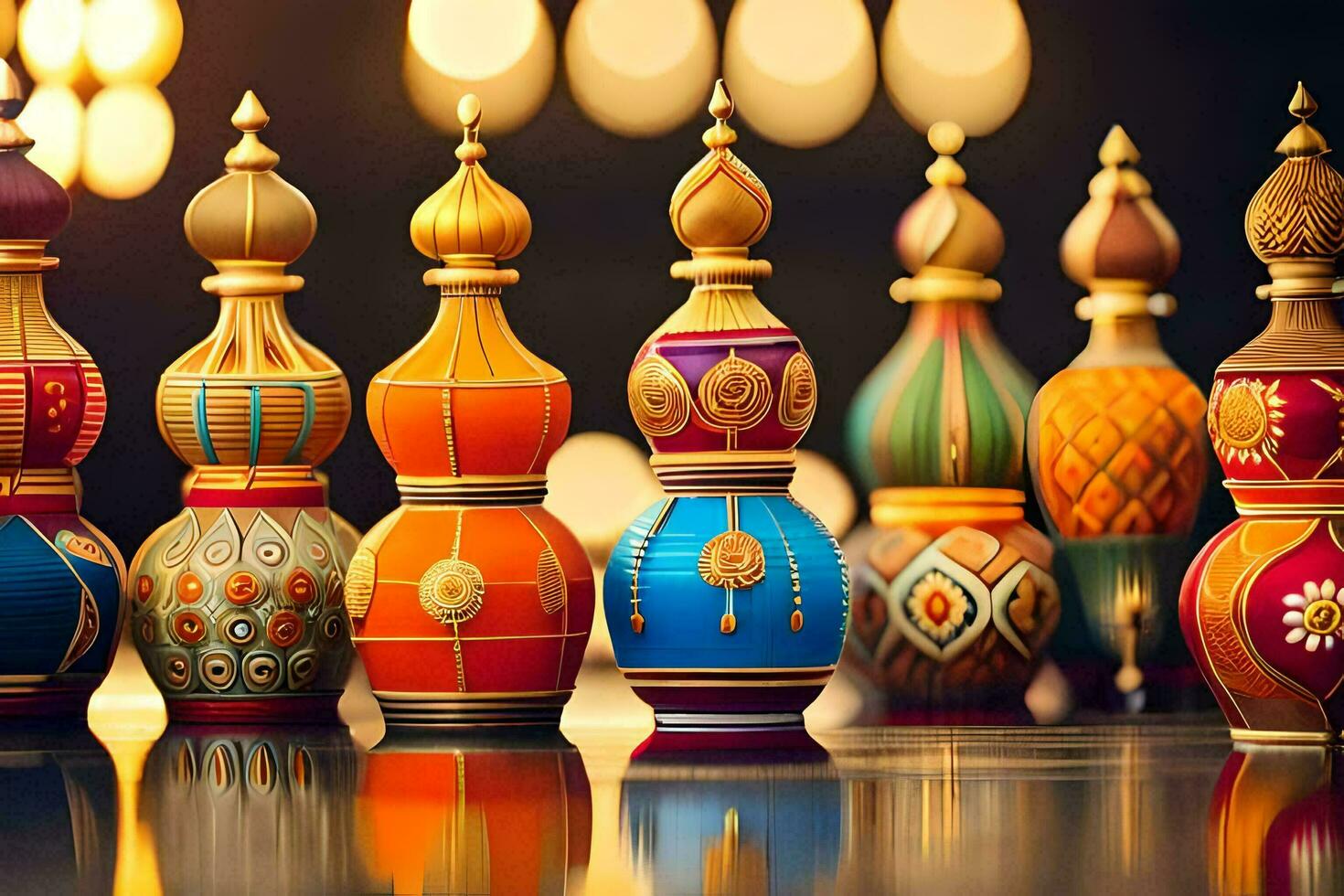 many colorful vases are lined up on a table. AI-Generated photo