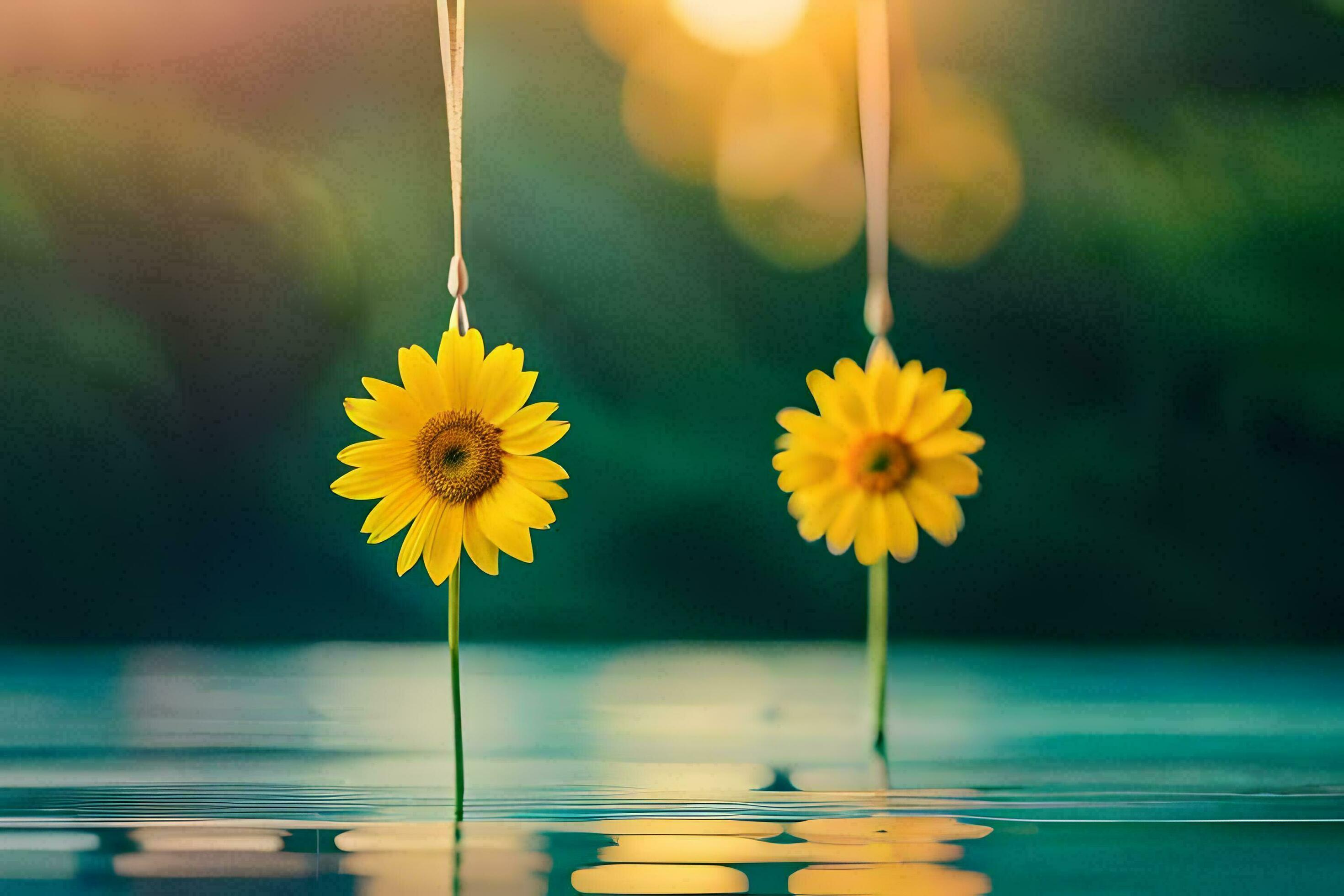 two sunflowers floating in the water. AIGenerated 31925321 Stock Photo