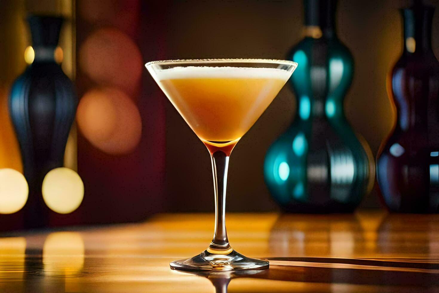 a cocktail sitting on a table in front of a vase. AI-Generated photo