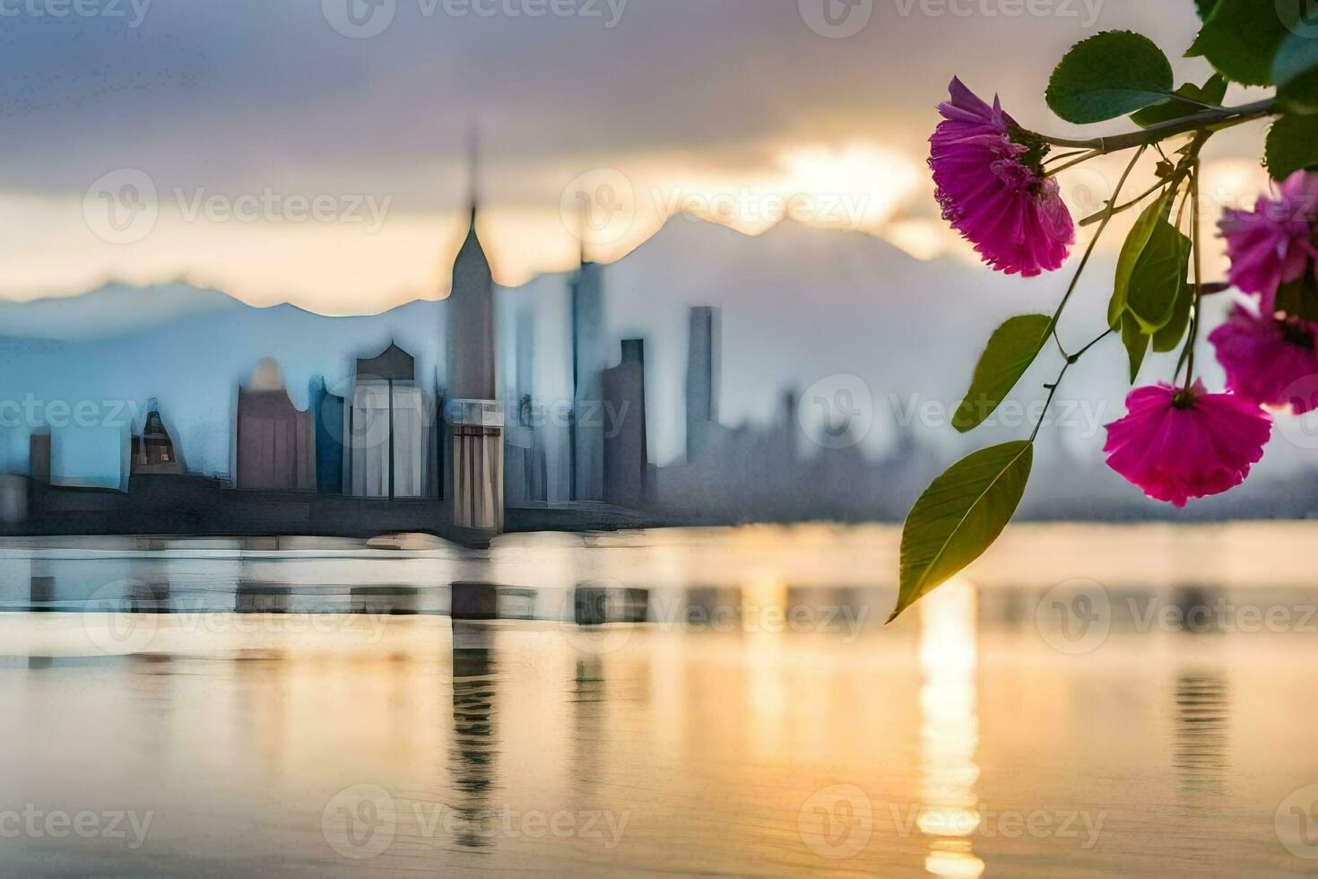 a flower is in front of a city skyline. AI-Generated photo