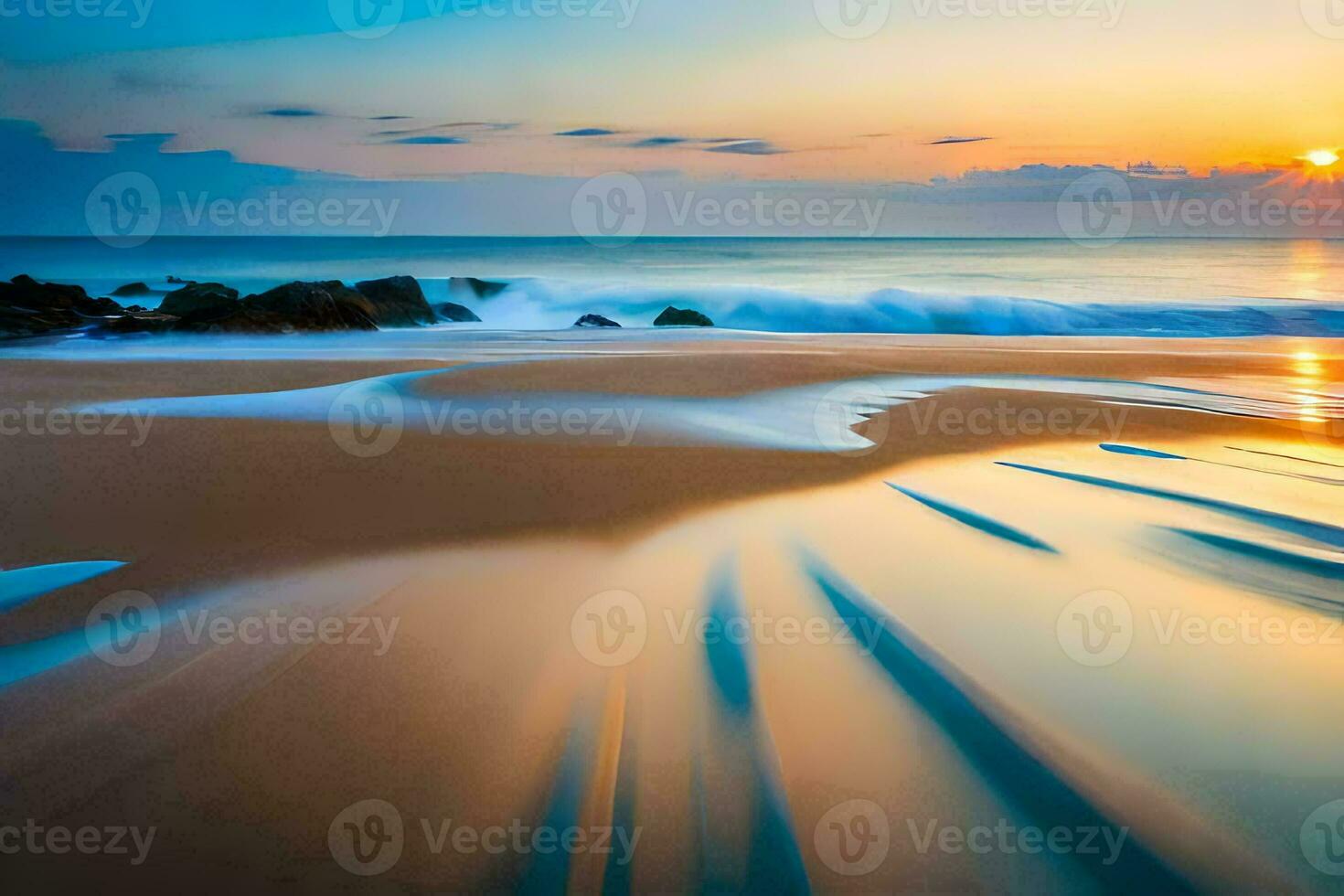 a long exposure photograph of the sun setting on the ocean. AI-Generated photo