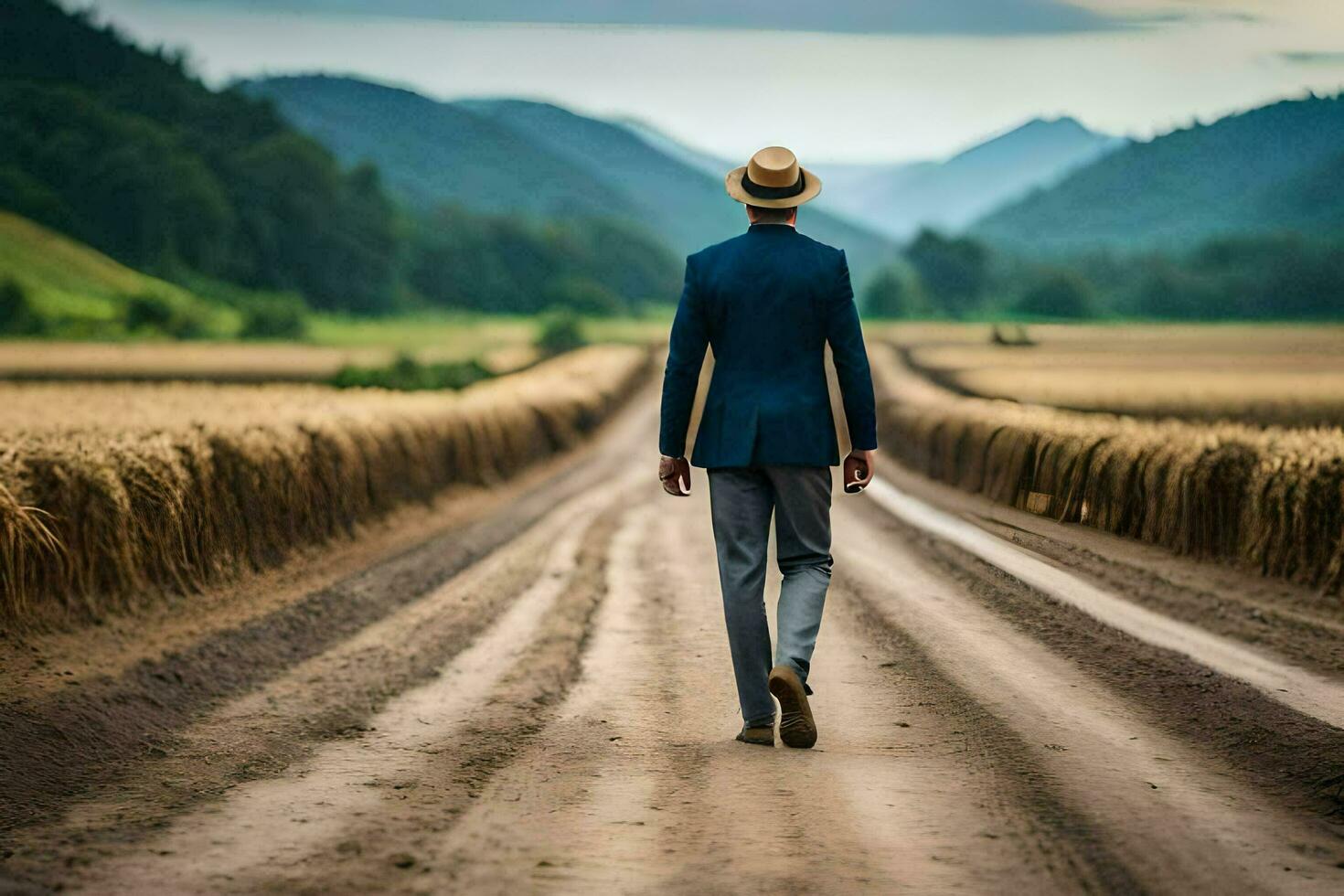 a man in a suit and hat walks down a dirt road. AI-Generated photo