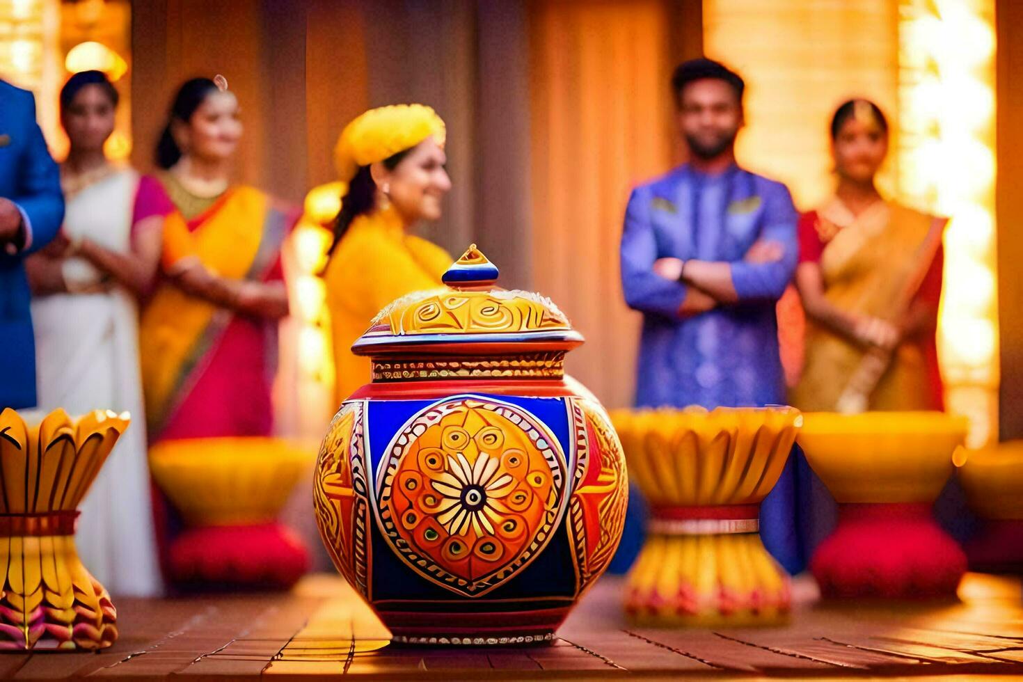 a group of people in colorful outfits standing around a colorful vase. AI-Generated photo