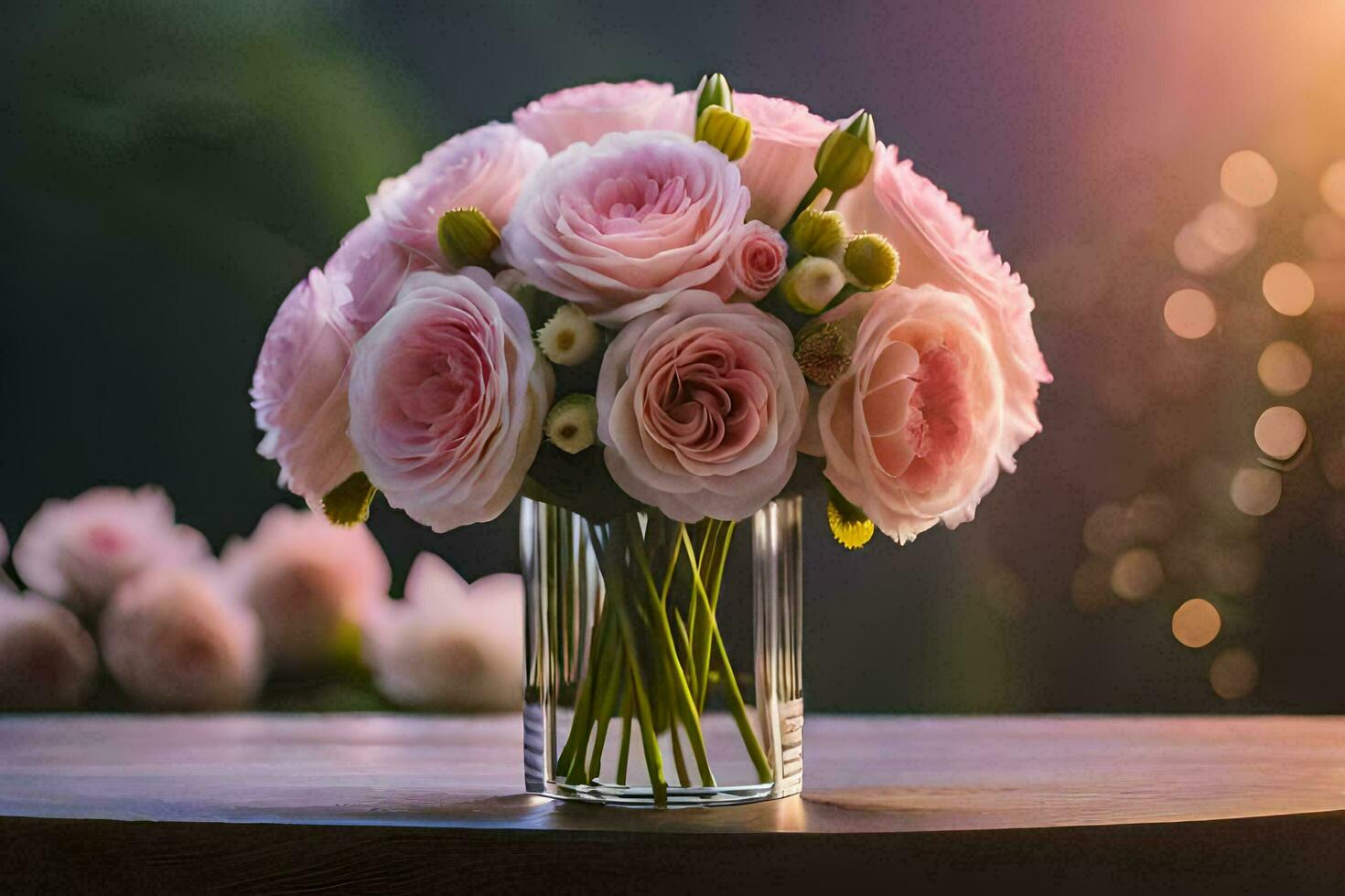 pink roses in a vase on a table. AI-Generated photo