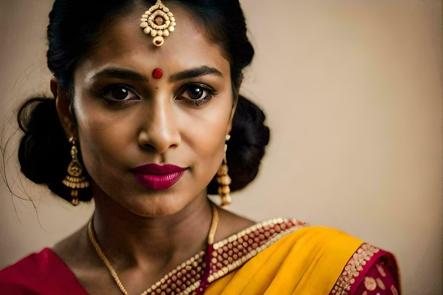 a woman in a sari with gold jewelry. AI-Generated photo