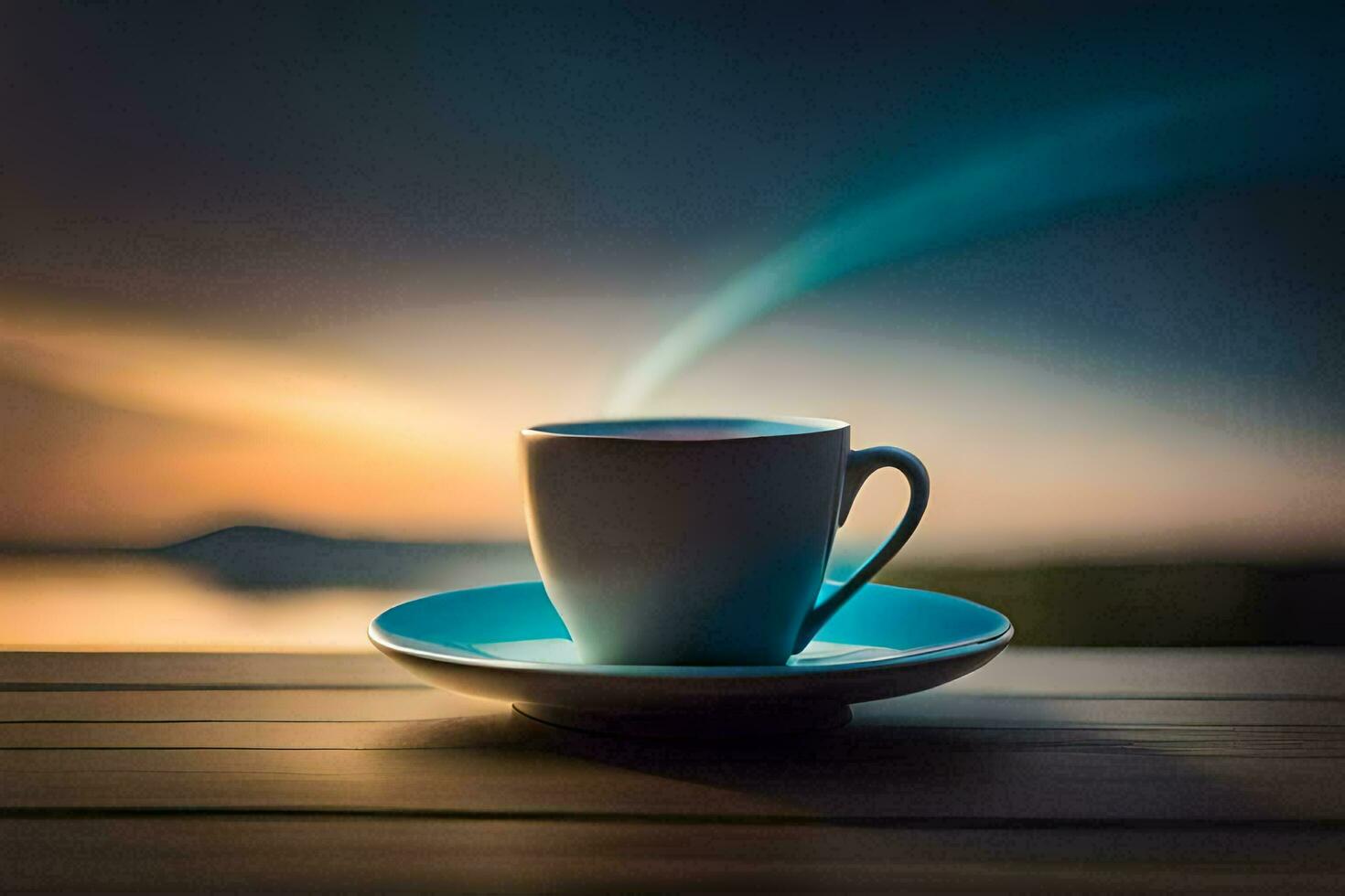 a cup of coffee on a wooden table with a beautiful sunset in the background. AI-Generated photo