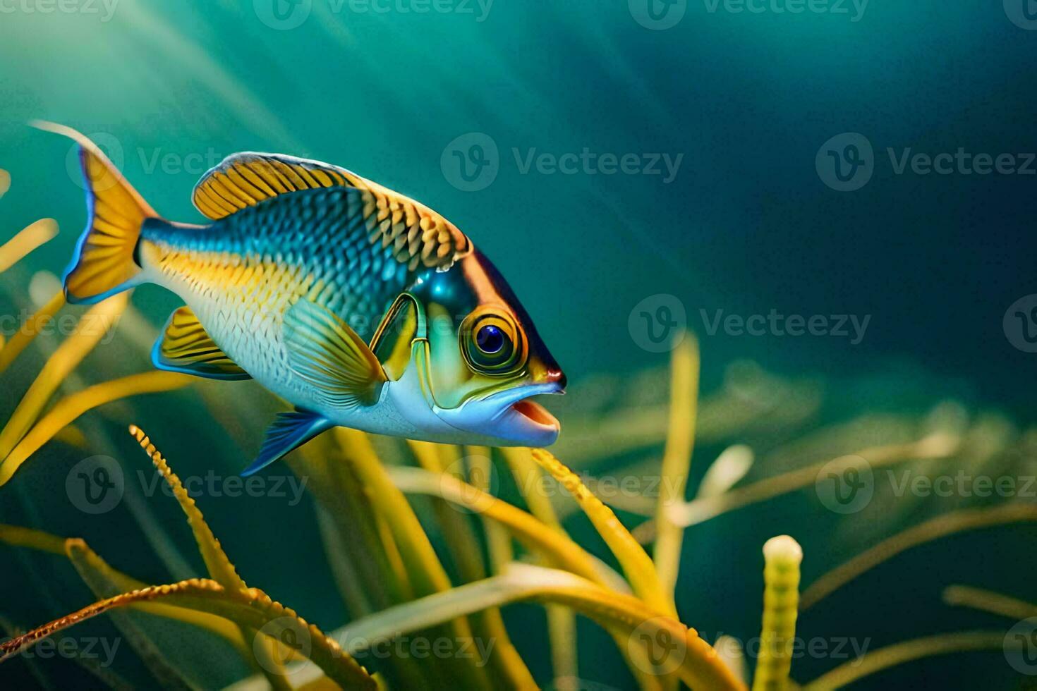 a fish swimming in the ocean with grass. AI-Generated photo