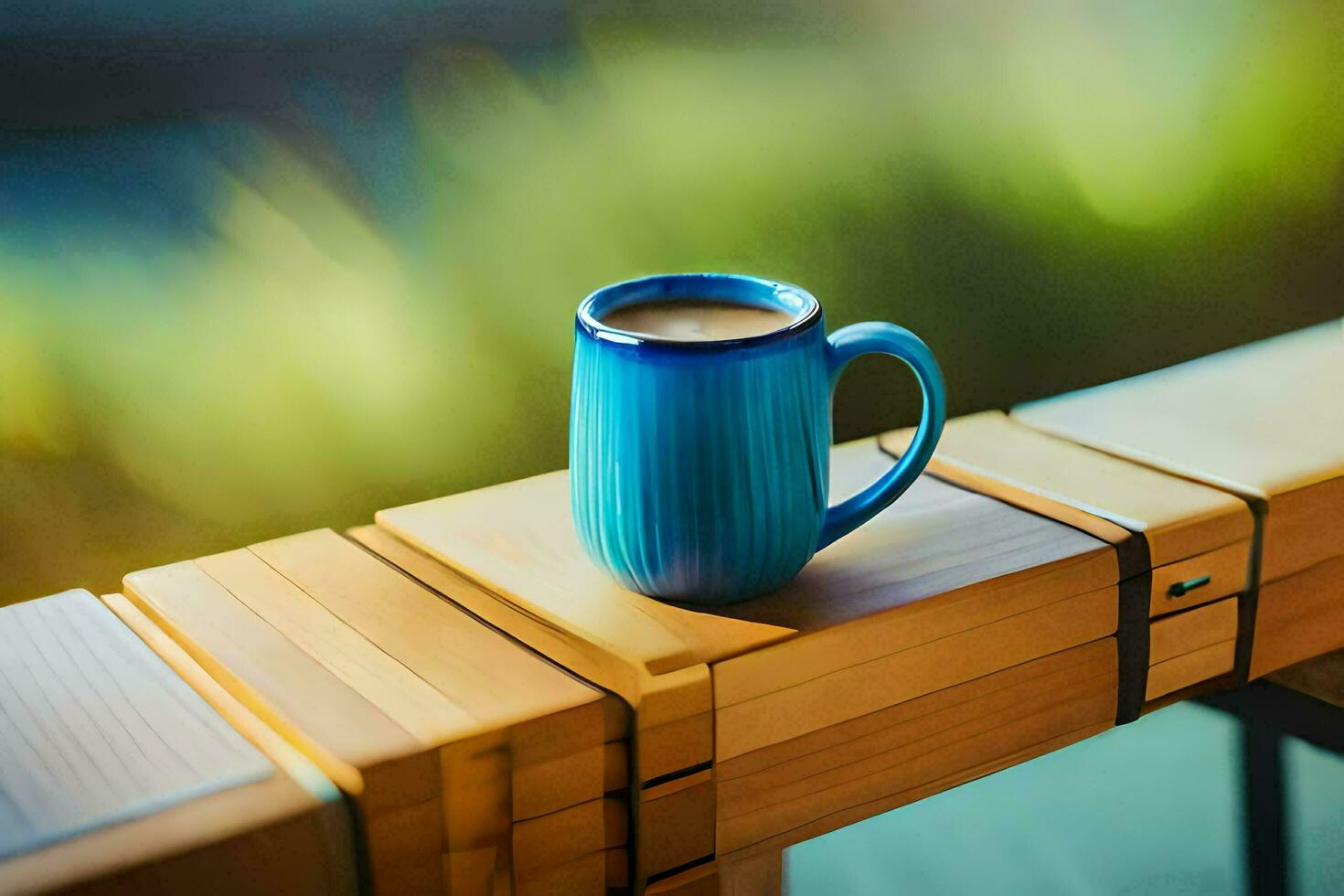 a blue mug of coffee on a wooden table. AI-Generated photo