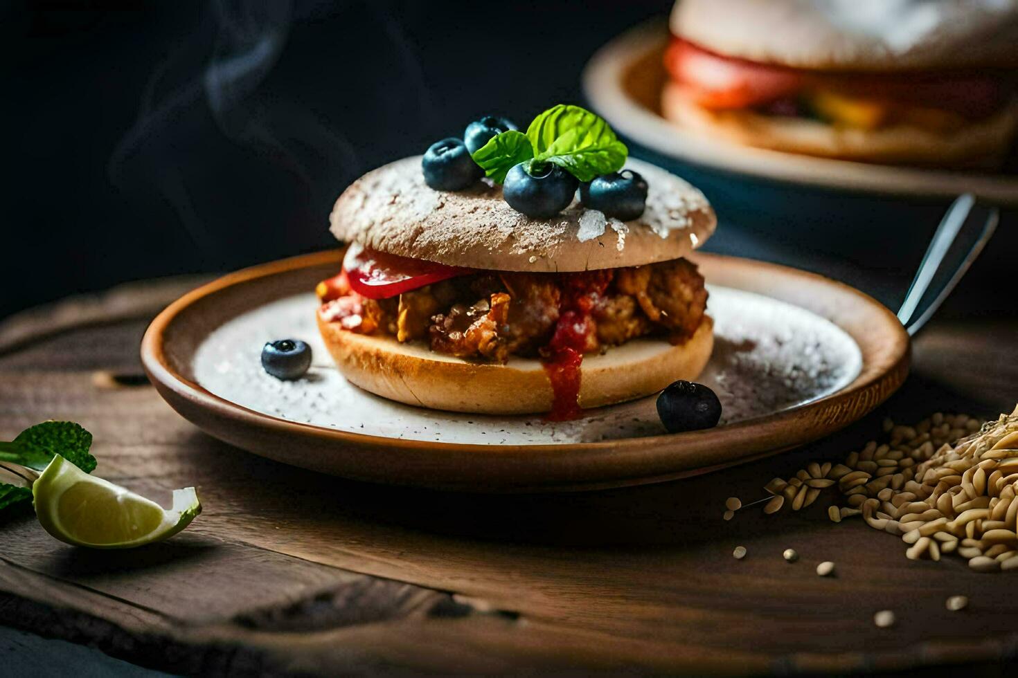 a hamburger with blueberries and tomatoes on a plate. AI-Generated photo