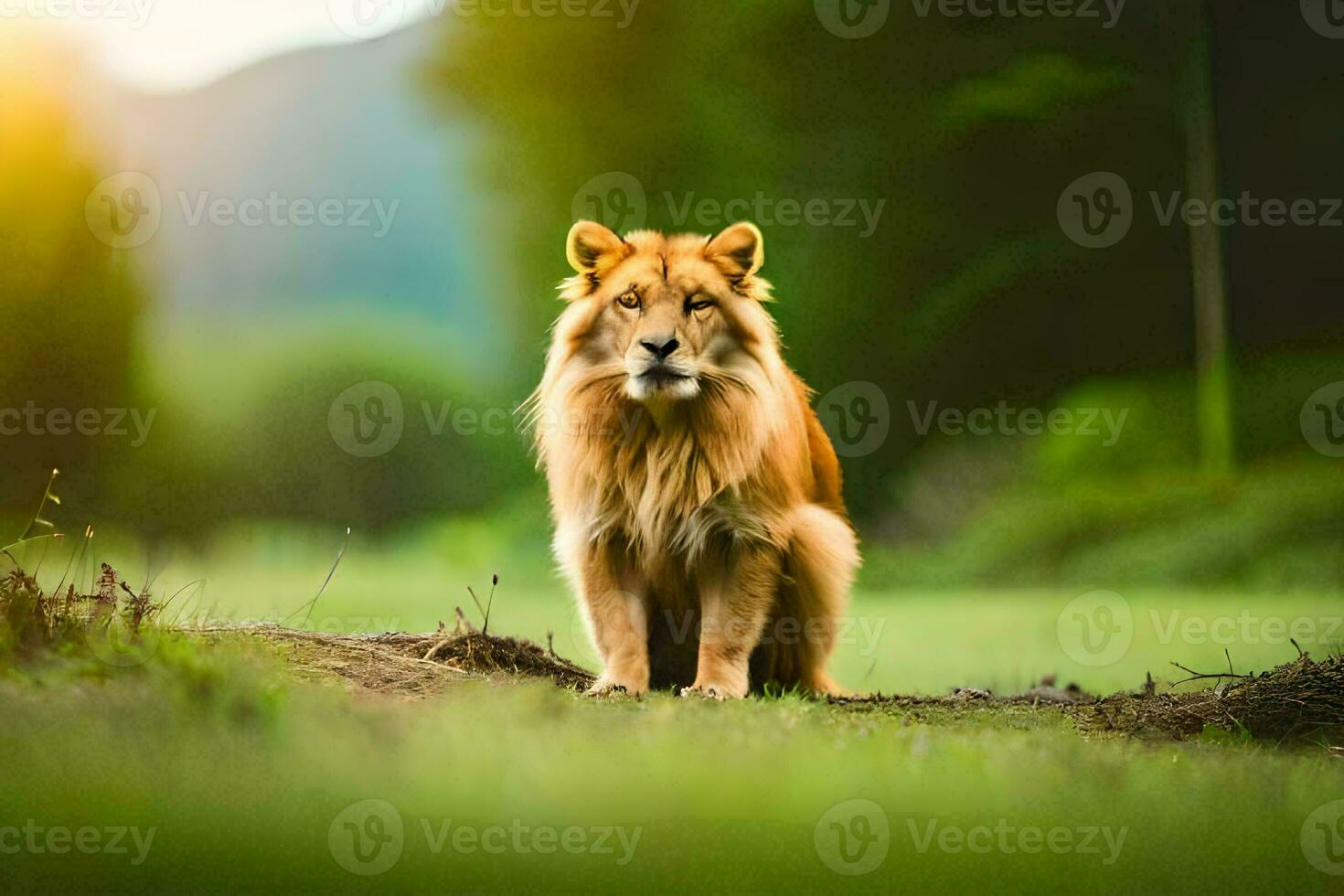a lion is sitting on the grass in the middle of a field. AI-Generated photo