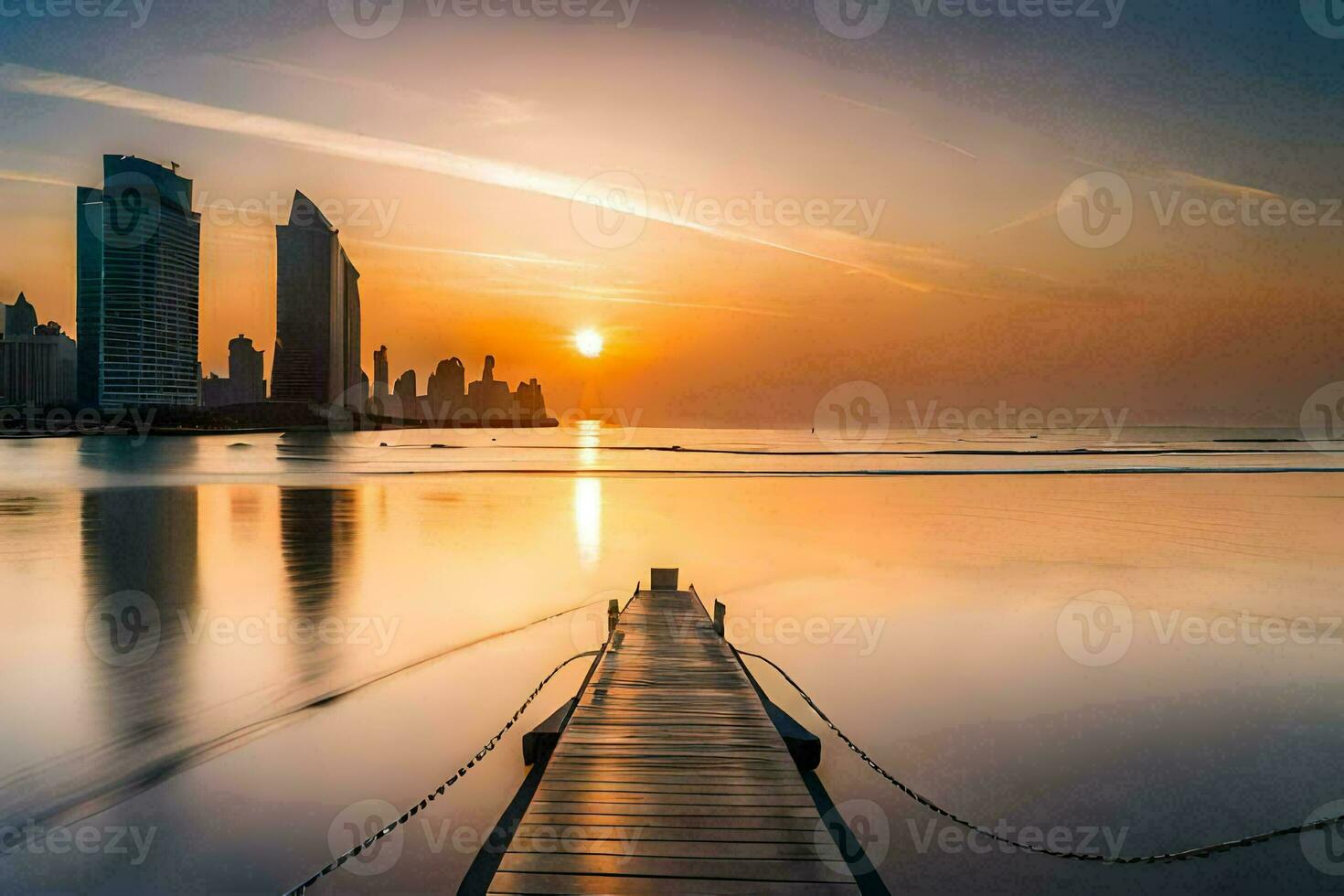 a pier in the middle of the ocean at sunset. AI-Generated photo