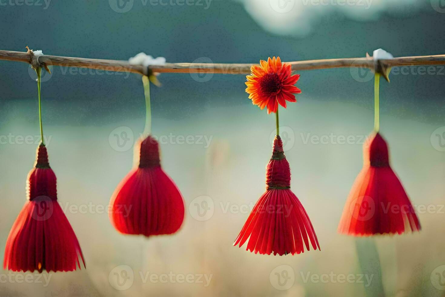 red flowers hanging from a branch. AI-Generated photo