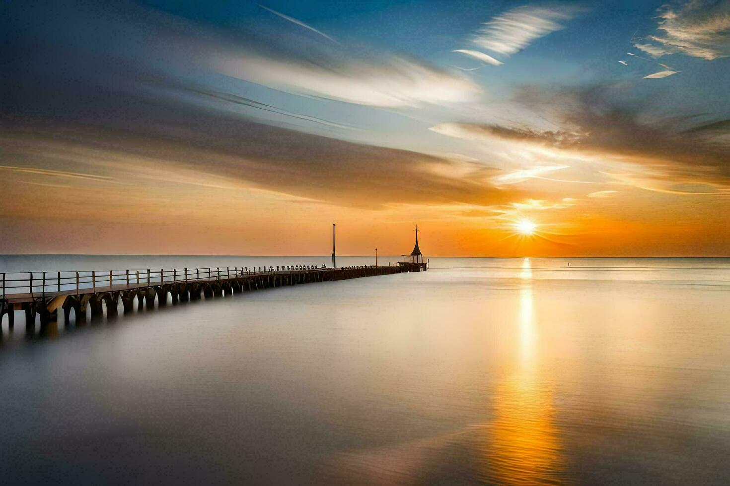 a long exposure photograph of a pier at sunset. AI-Generated photo