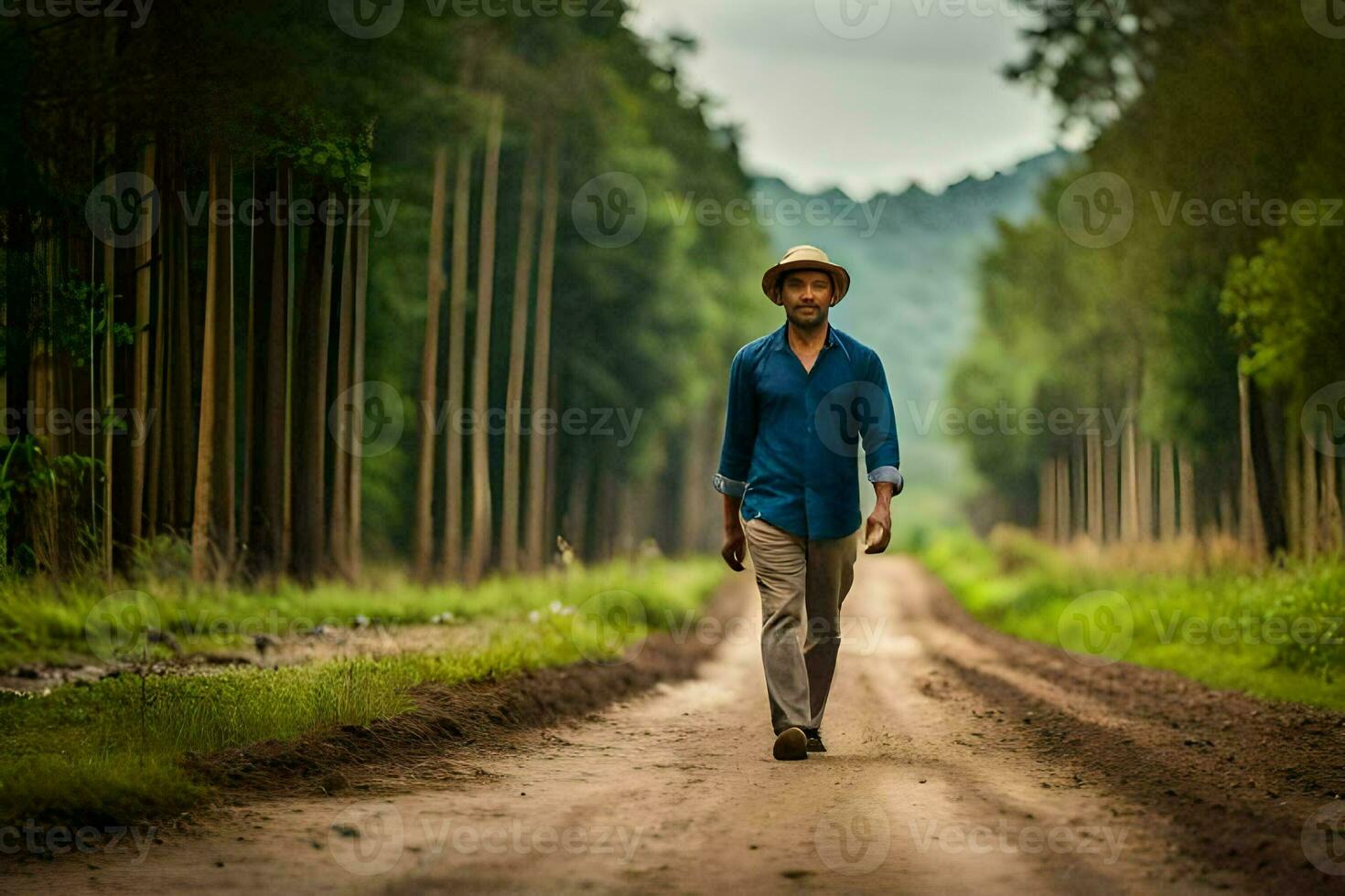 a man walking down a dirt road in the middle of a forest. AI-Generated photo