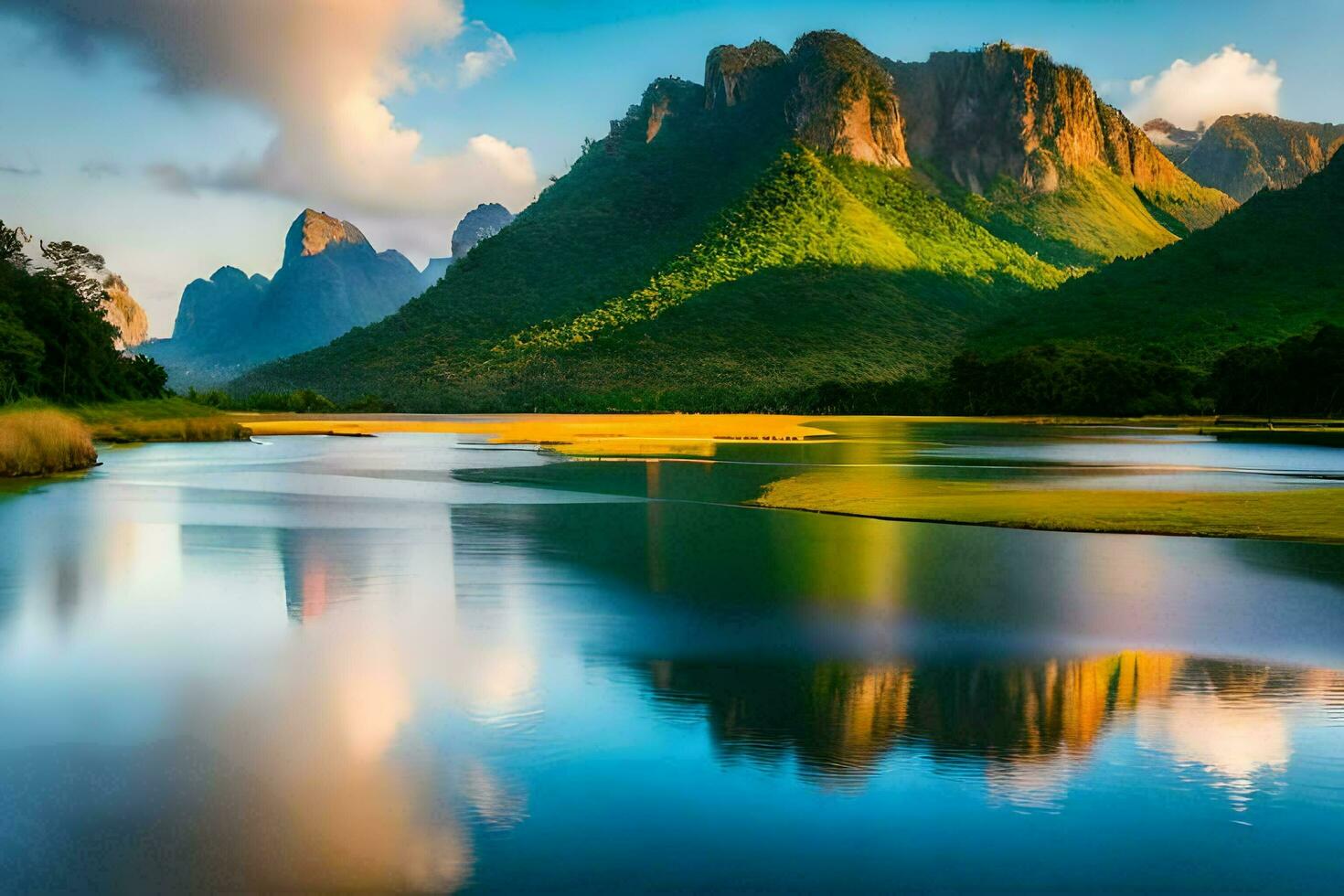 the mountains are reflected in the water. AI-Generated photo