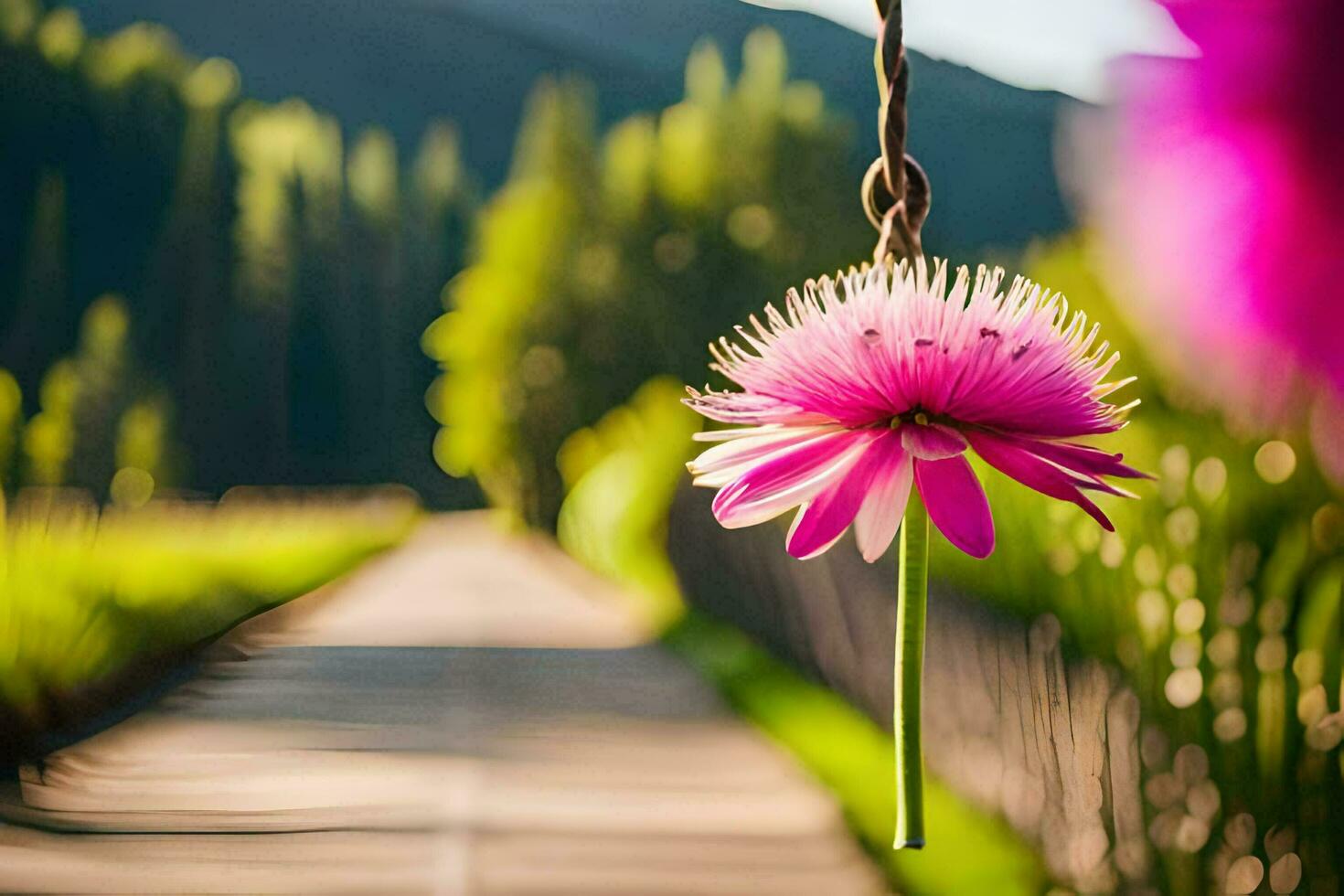 a pink flower hanging from a string in front of a green field. AI-Generated photo