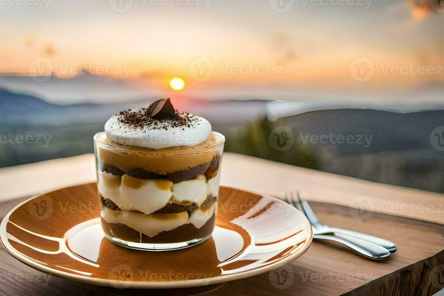 the dessert is served on a plate with a fork and a knife. AI-Generated photo