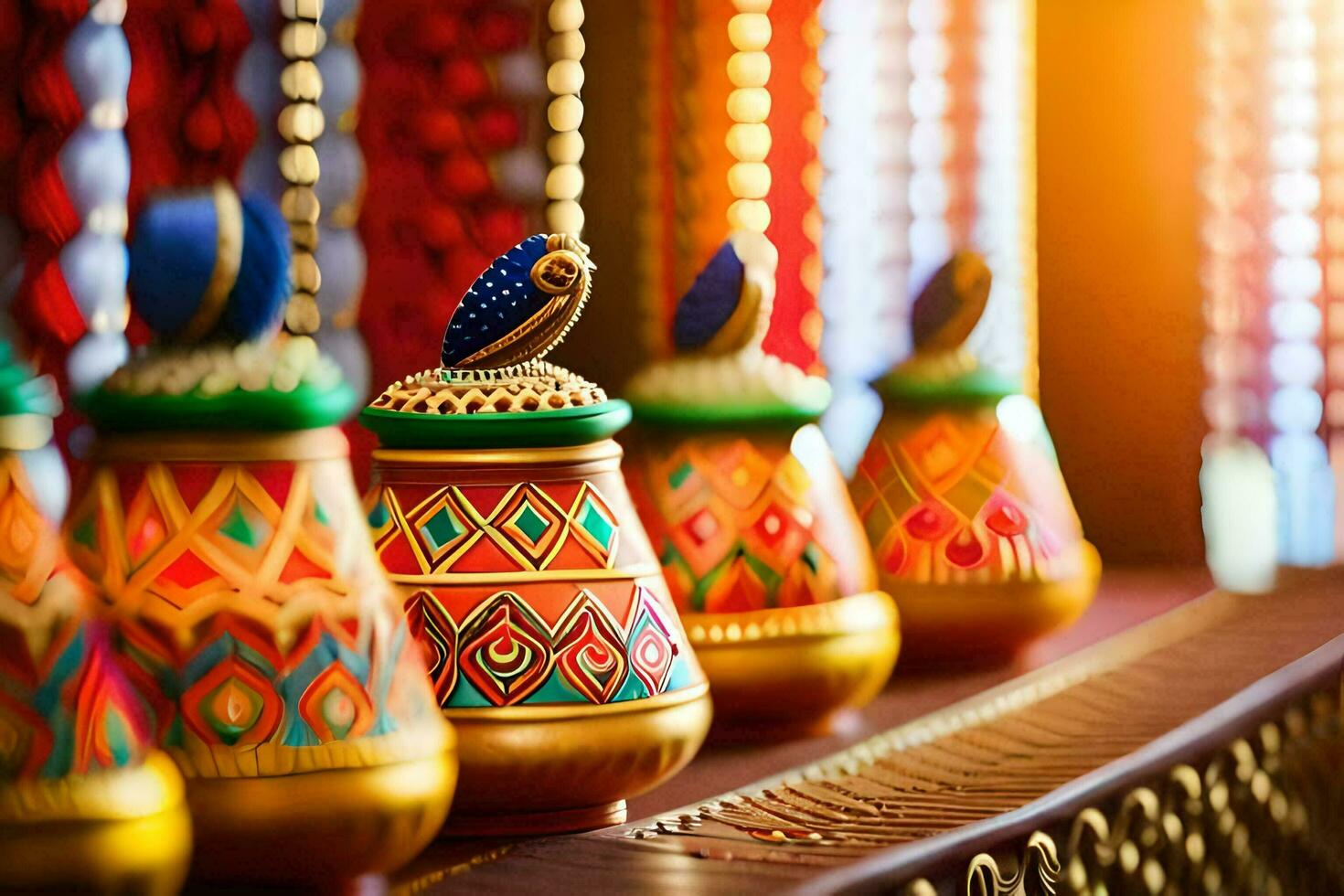 colorful pots lined up on a table. AI-Generated photo