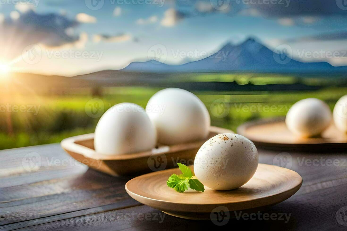 eggs on a wooden table with mountains in the background. AI-Generated photo