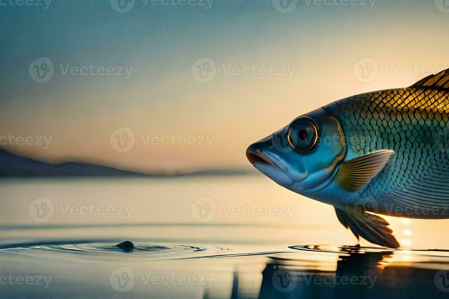 a fish is standing on the water at sunset. AI-Generated photo
