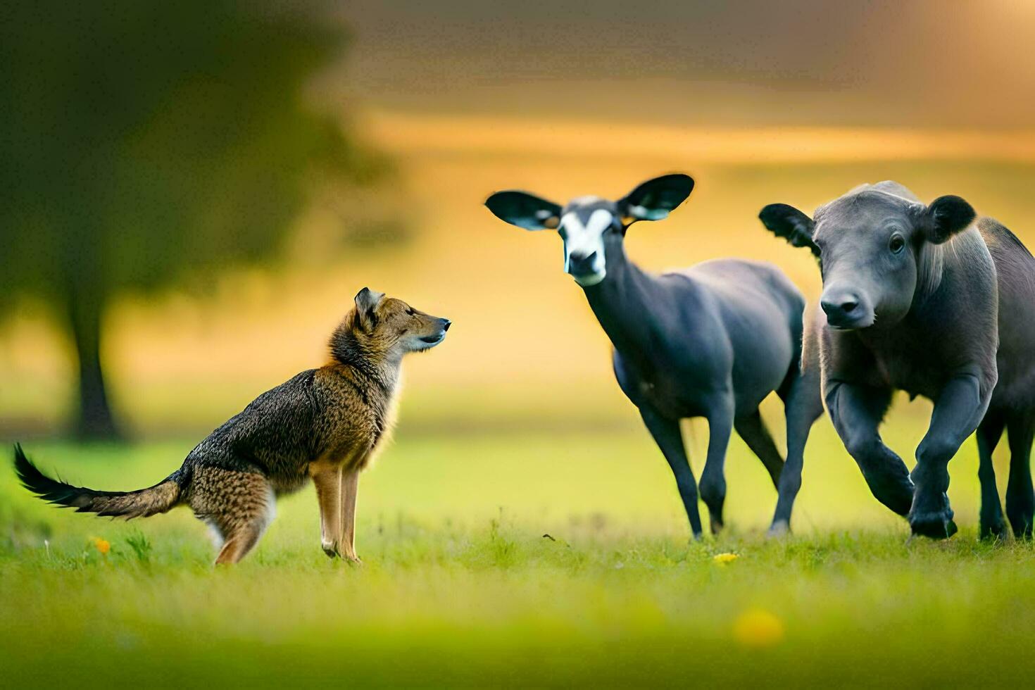 a dog and two goats in a field. AI-Generated photo