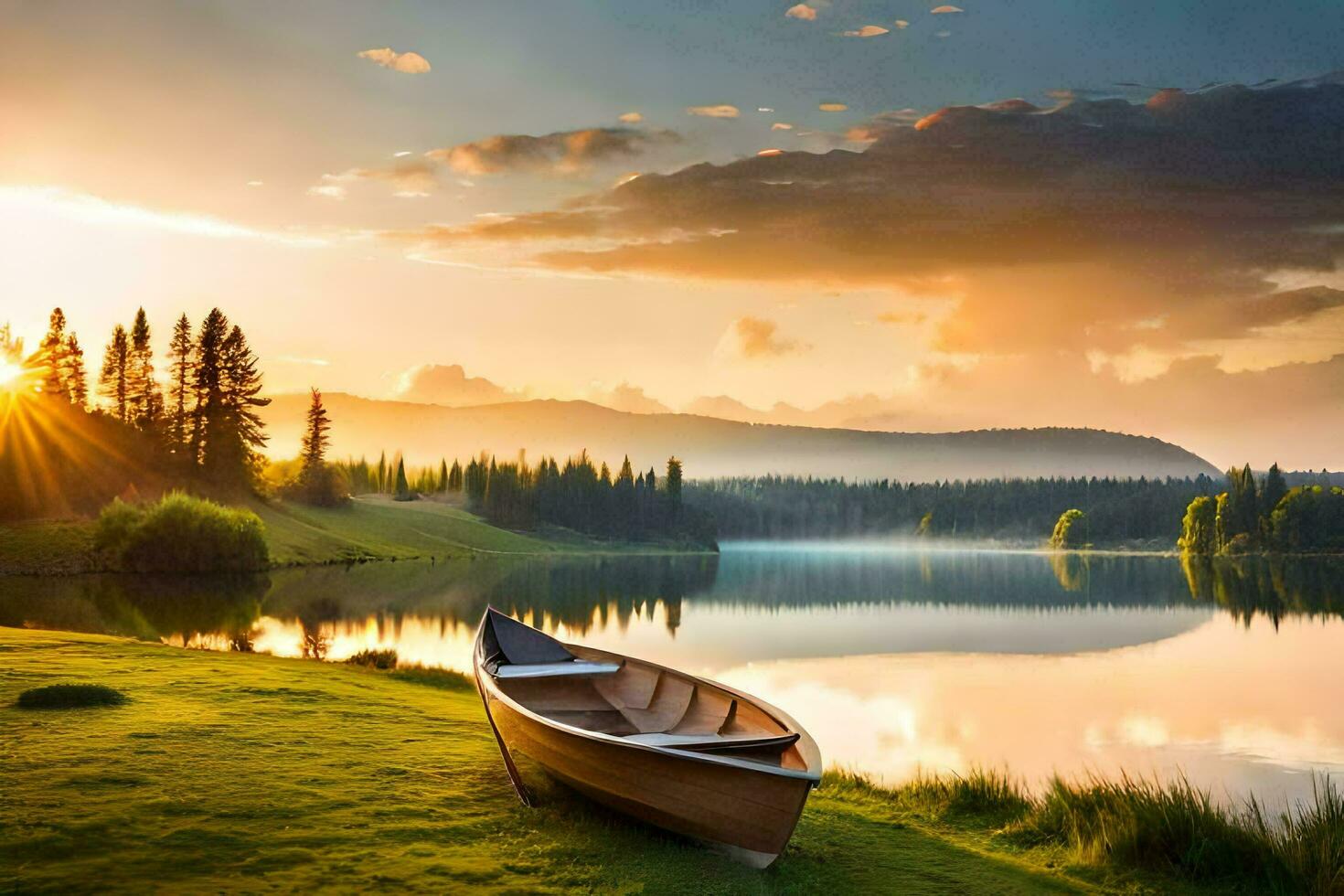 the boat on the lake at sunset. AI-Generated photo
