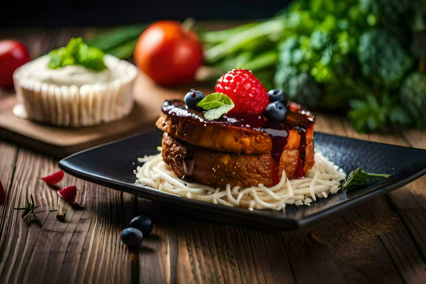 a plate with a cake and berries on it. AI-Generated photo