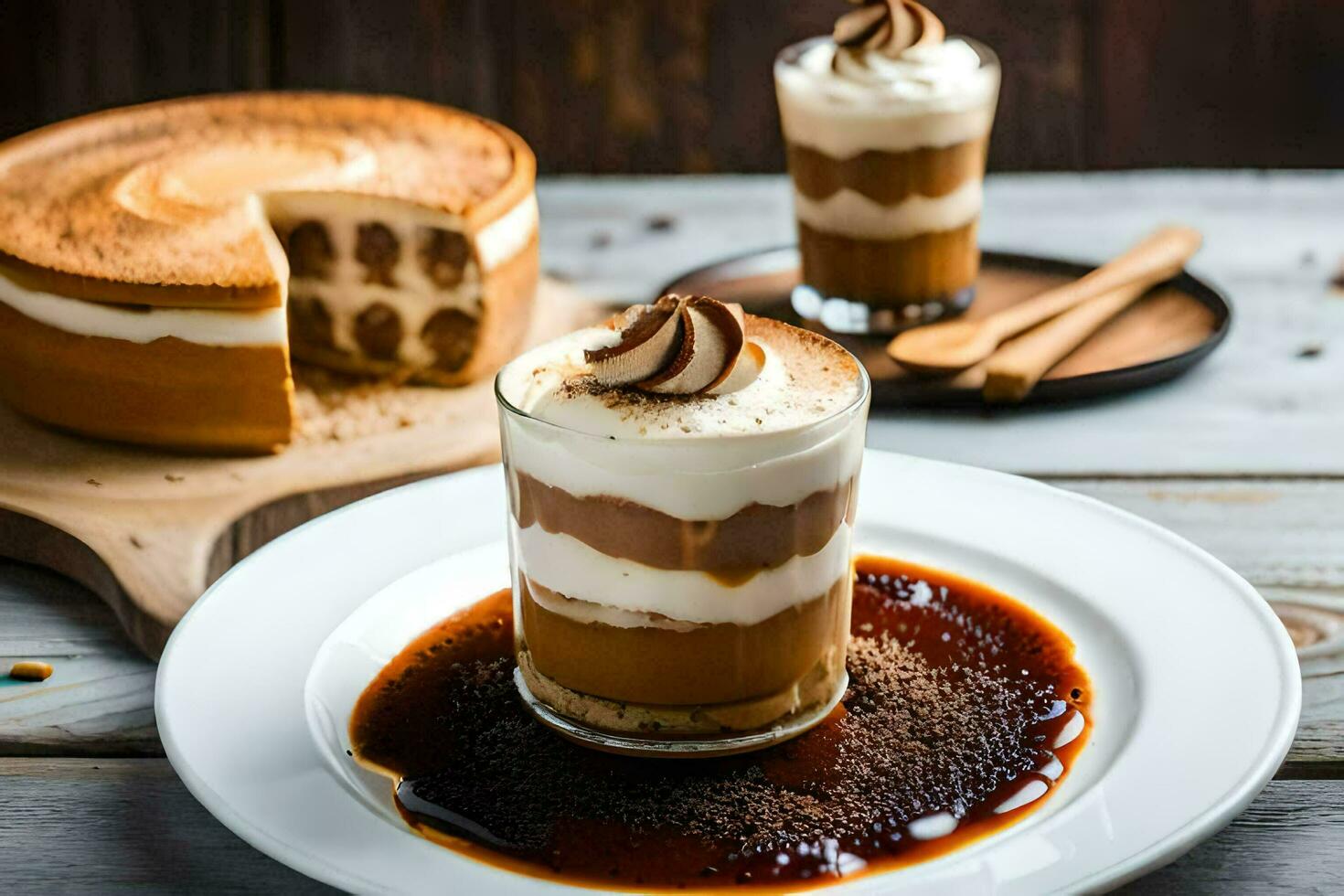 a dessert with whipped cream and caramel sauce. AI-Generated photo