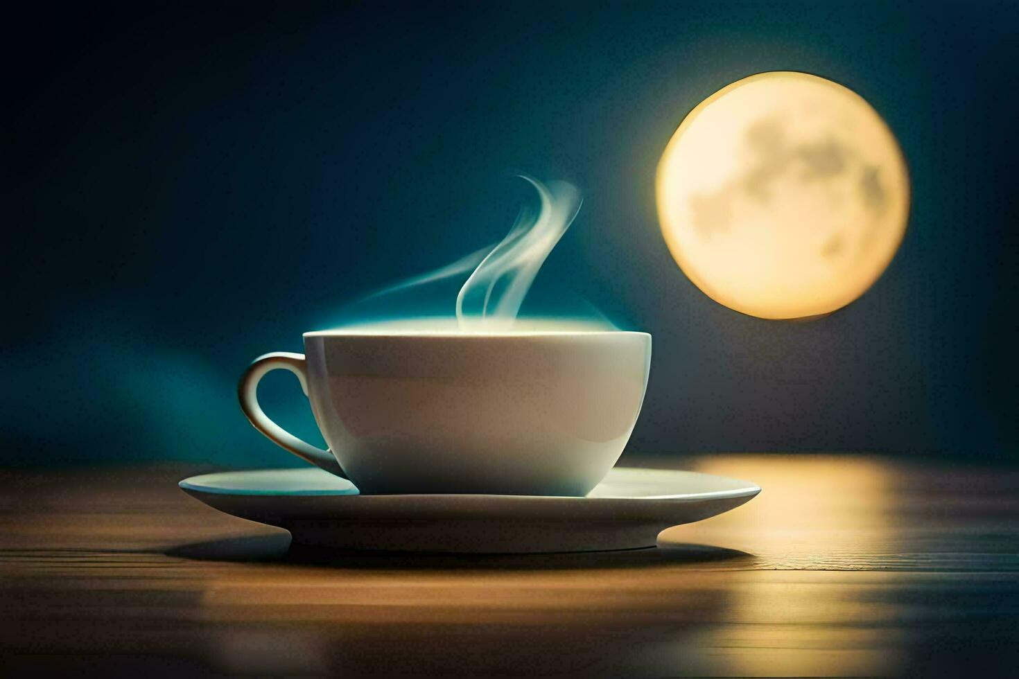 a cup of coffee on a table with a full moon in the background. AI-Generated photo