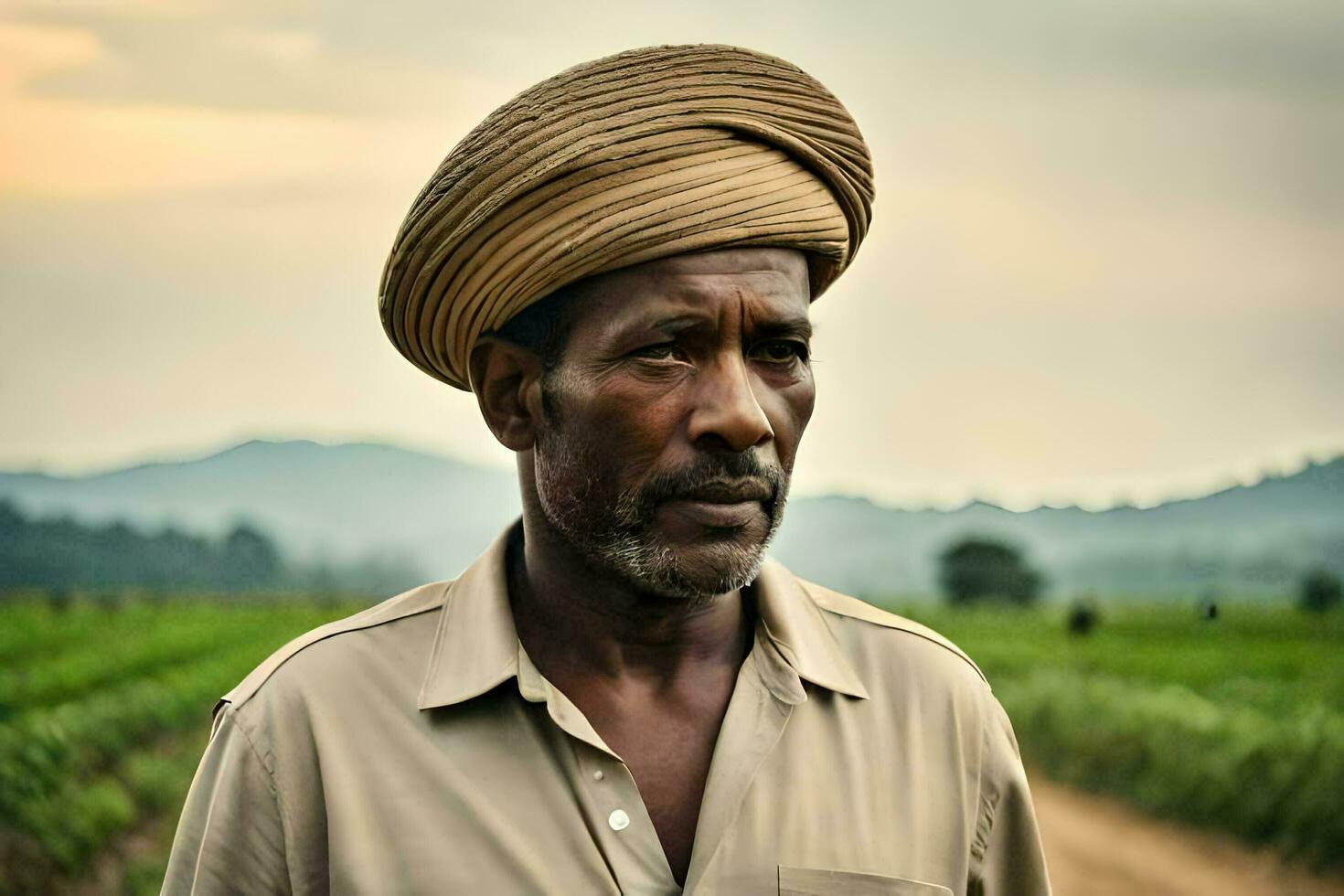 a man wearing a hat stands in a field. AI-Generated photo