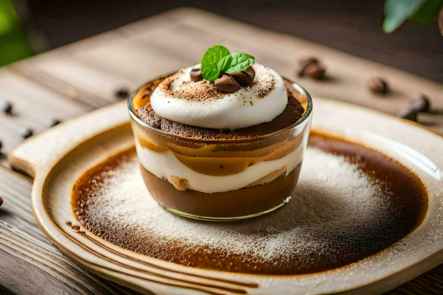 the dessert is served on a wooden plate with coffee beans. AI-Generated photo