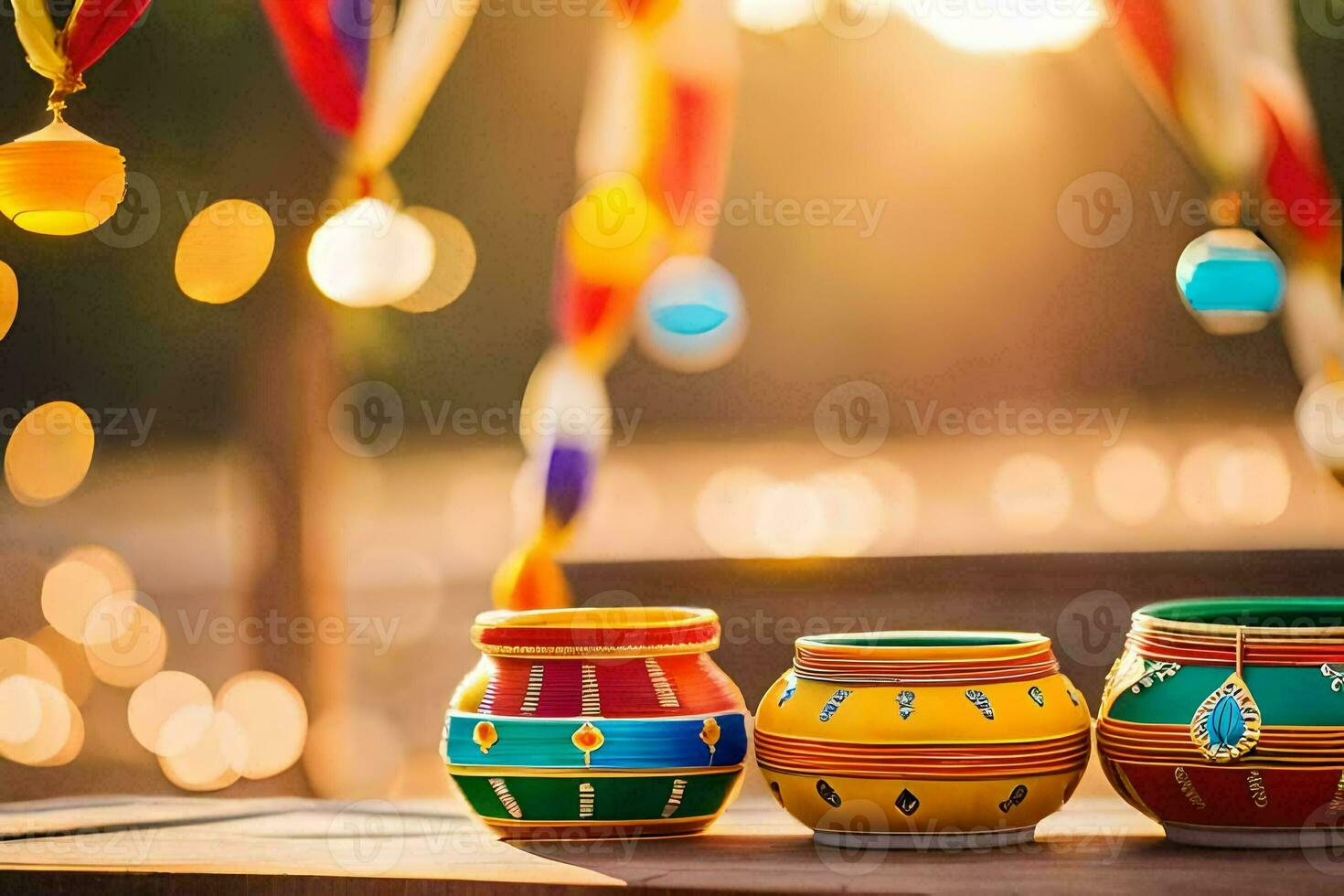 three colorful pots on a table with a string of lights. AI-Generated photo