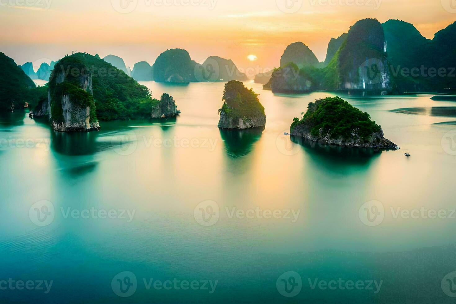 the sun sets over the water in halong bay, vietnam. AI-Generated photo