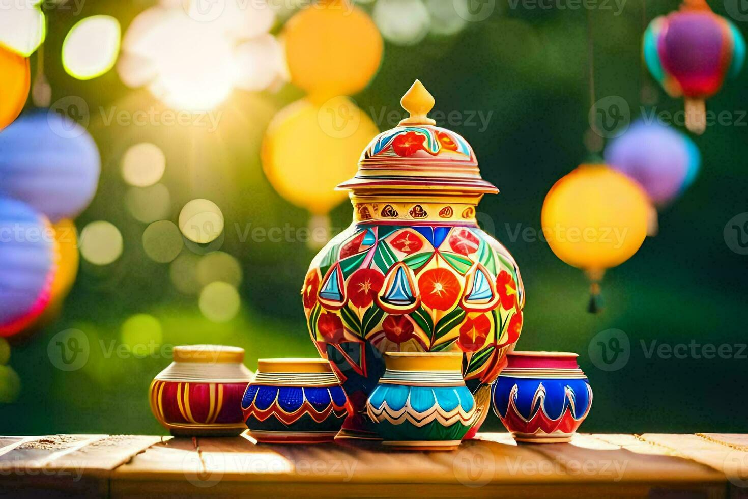 colorful vases and lanterns on a table. AI-Generated photo