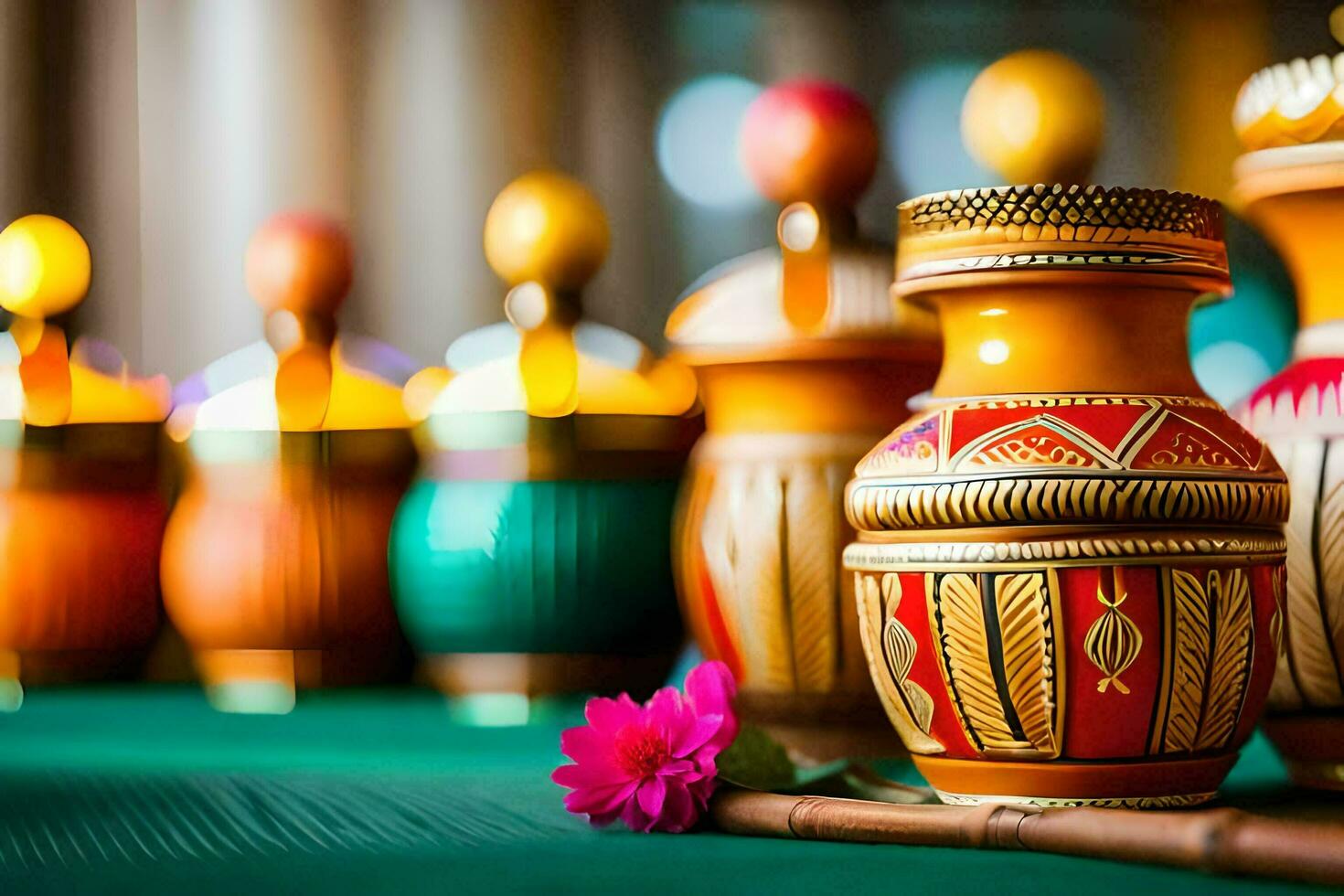 colorful vases on a green table with a flower. AI-Generated photo