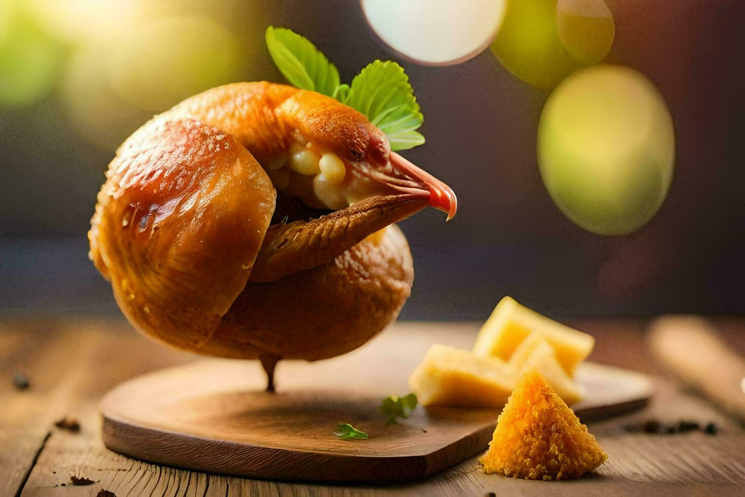 a stuffed bird on a wooden board with cheese. AI-Generated photo