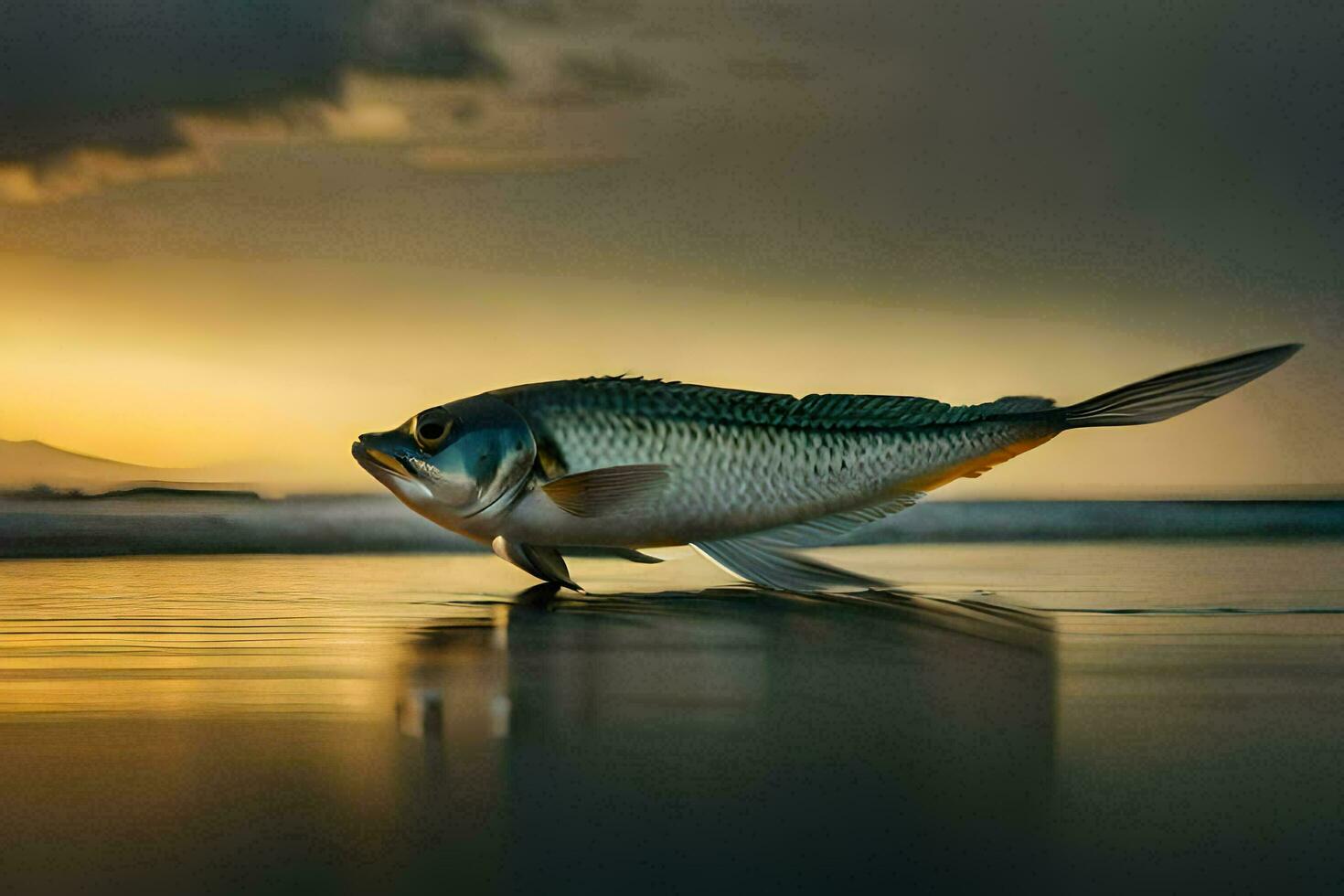 a fish is walking on the beach at sunset. AI-Generated photo