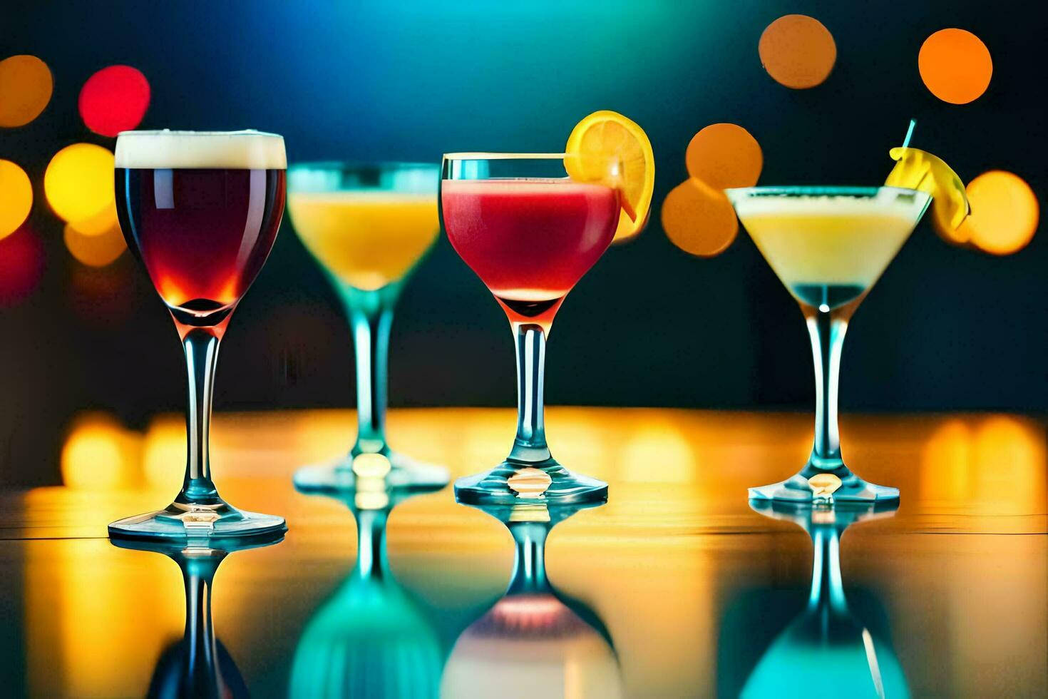 four different types of cocktails on a table. AI-Generated photo
