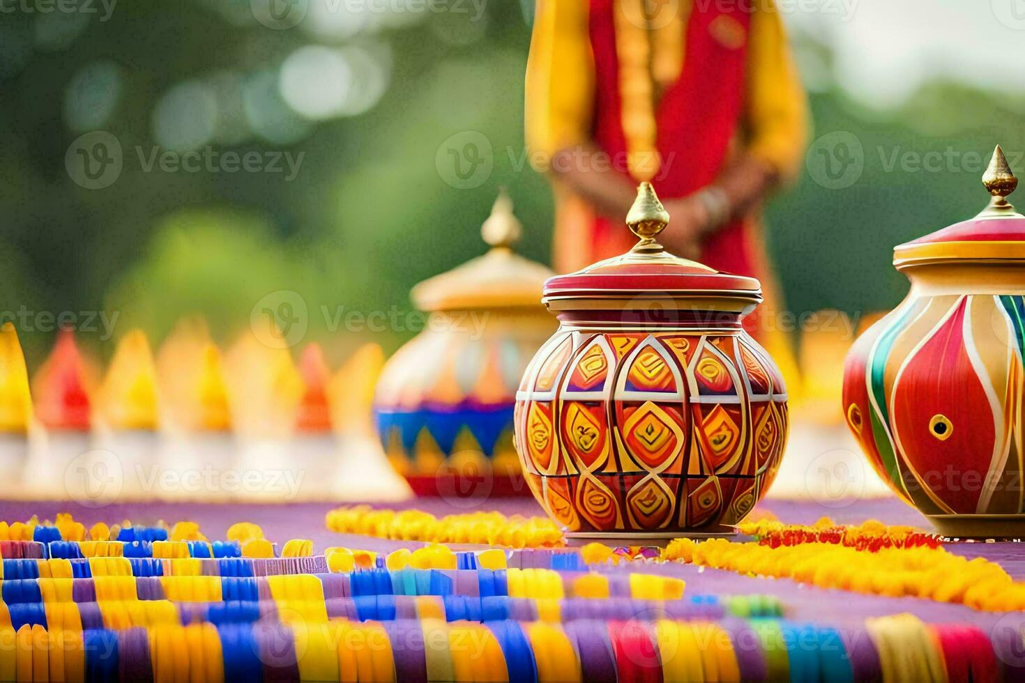 colorful pots and candles sit on a table. AI-Generated photo
