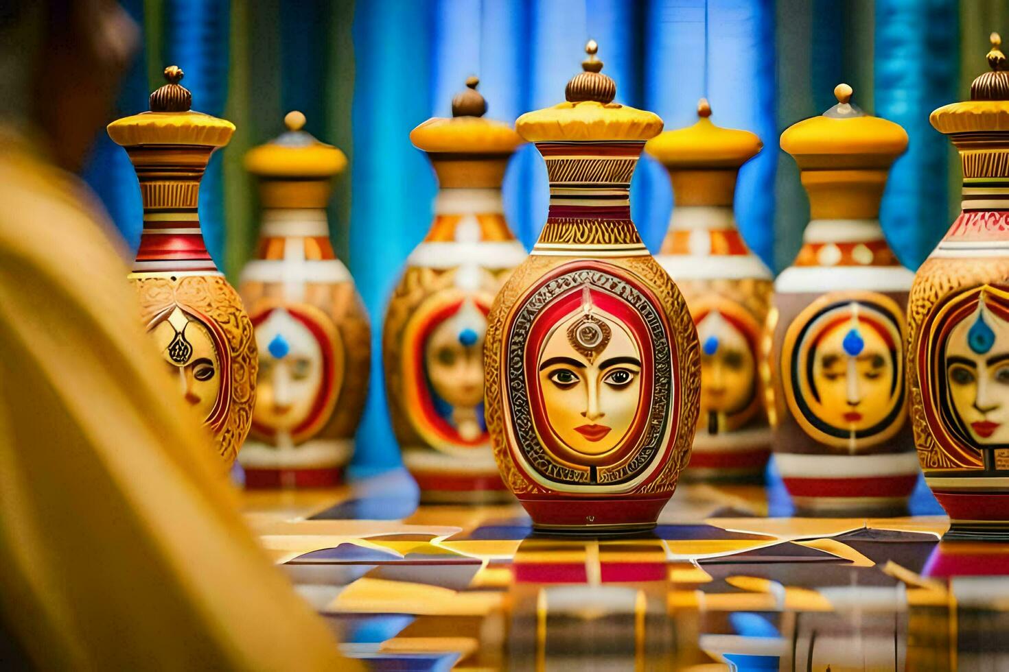 a group of vases with painted faces on them. AI-Generated photo
