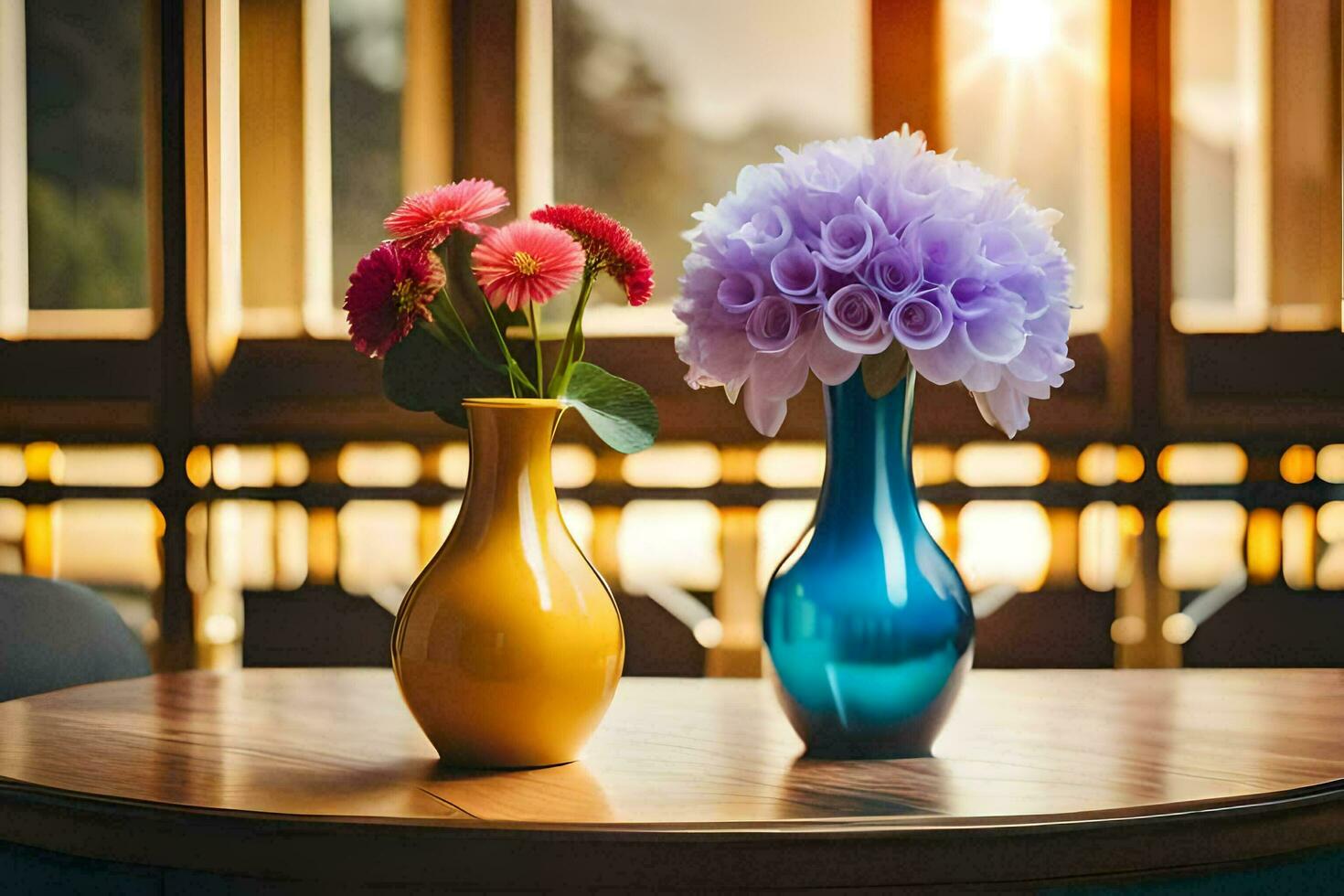 two vases with flowers on a table. AI-Generated photo