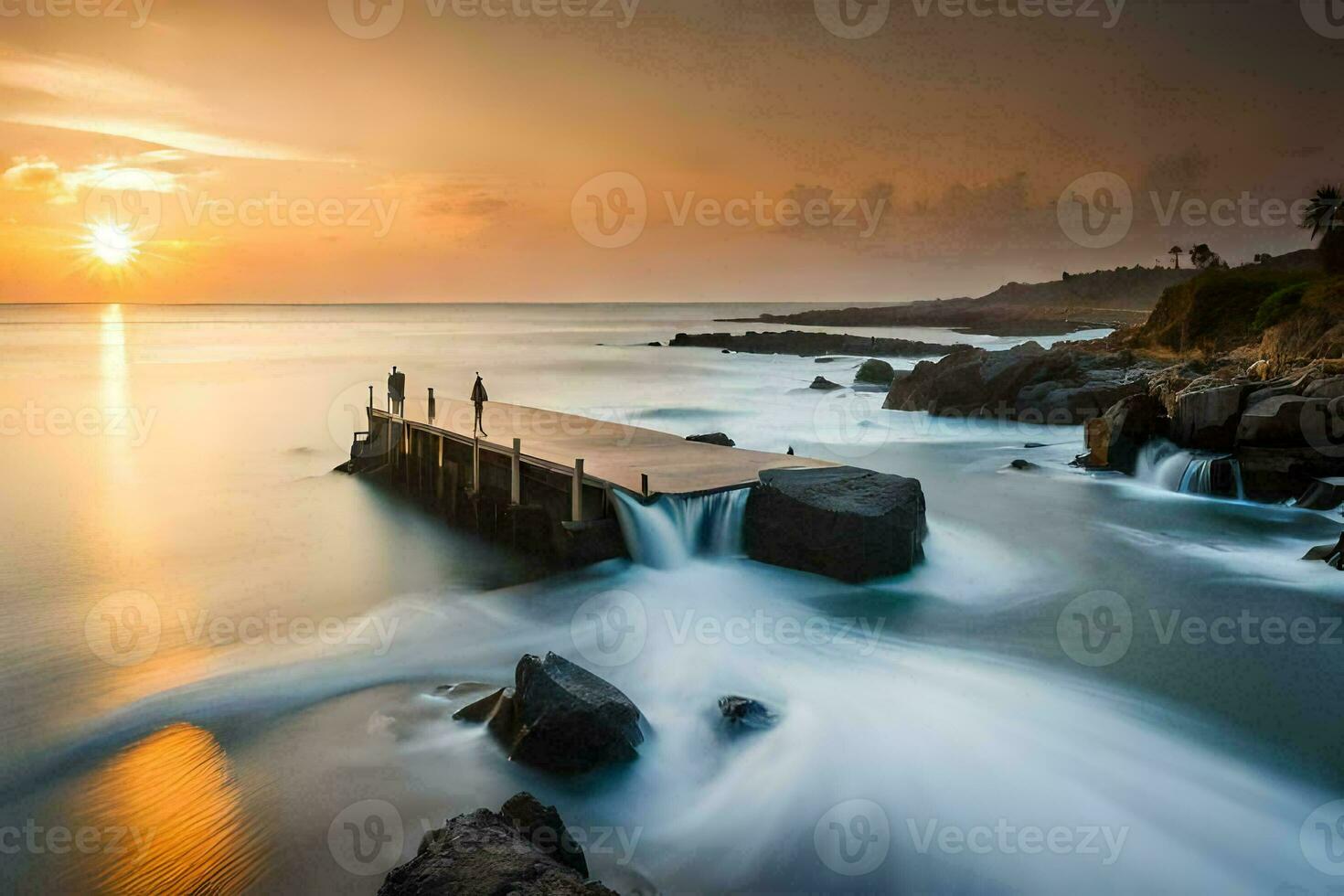 the sun sets over the ocean as waves crash into rocks. AI-Generated photo